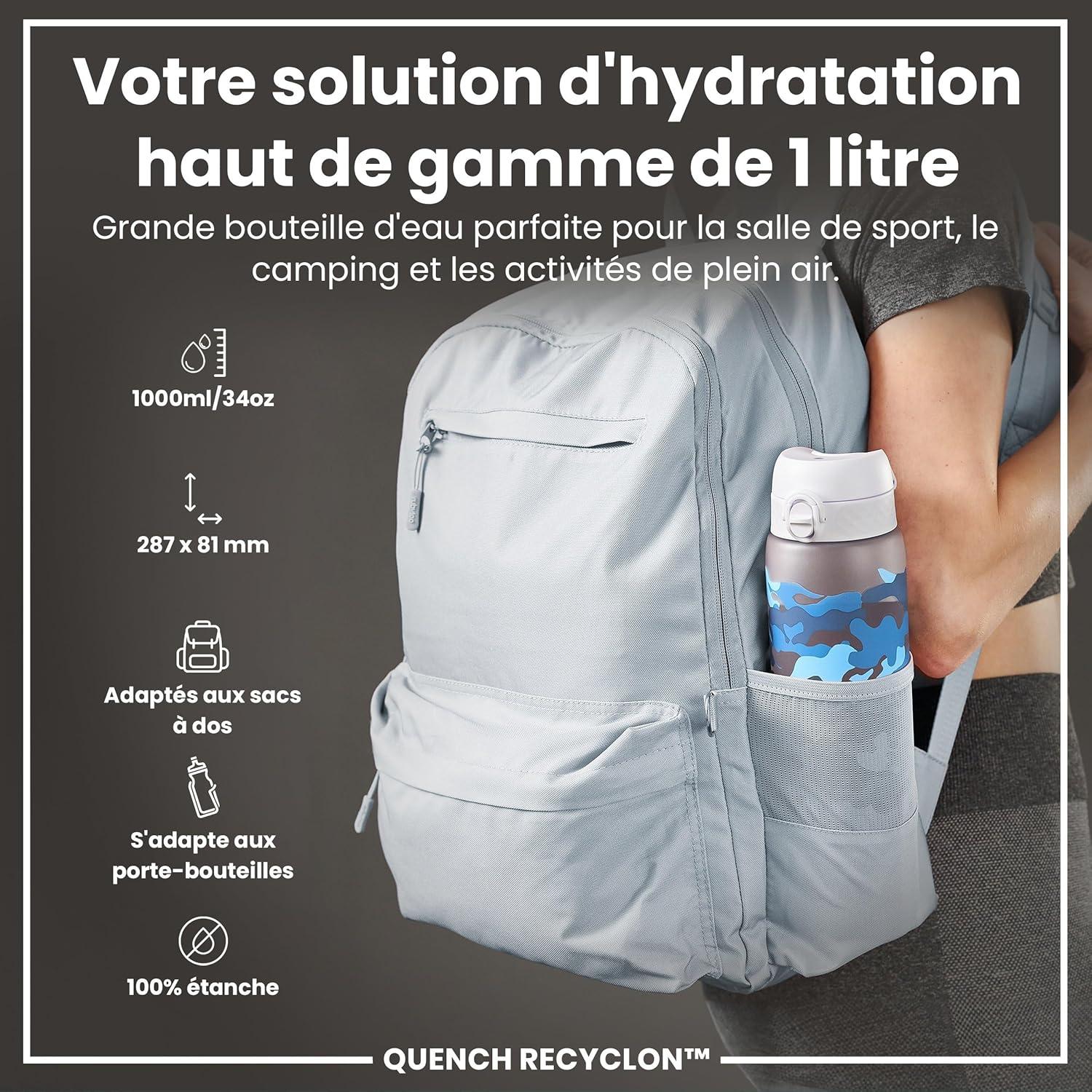 imageIon8 Gourde 1l 1000ml AntiFuite Facile Ouvrir Verrouillage Scuris Poigne de Transport Lavable en Lavevaisselle Sans BPA Idale pour le Sport et la Salle de Sport Violet ClairCamouflage