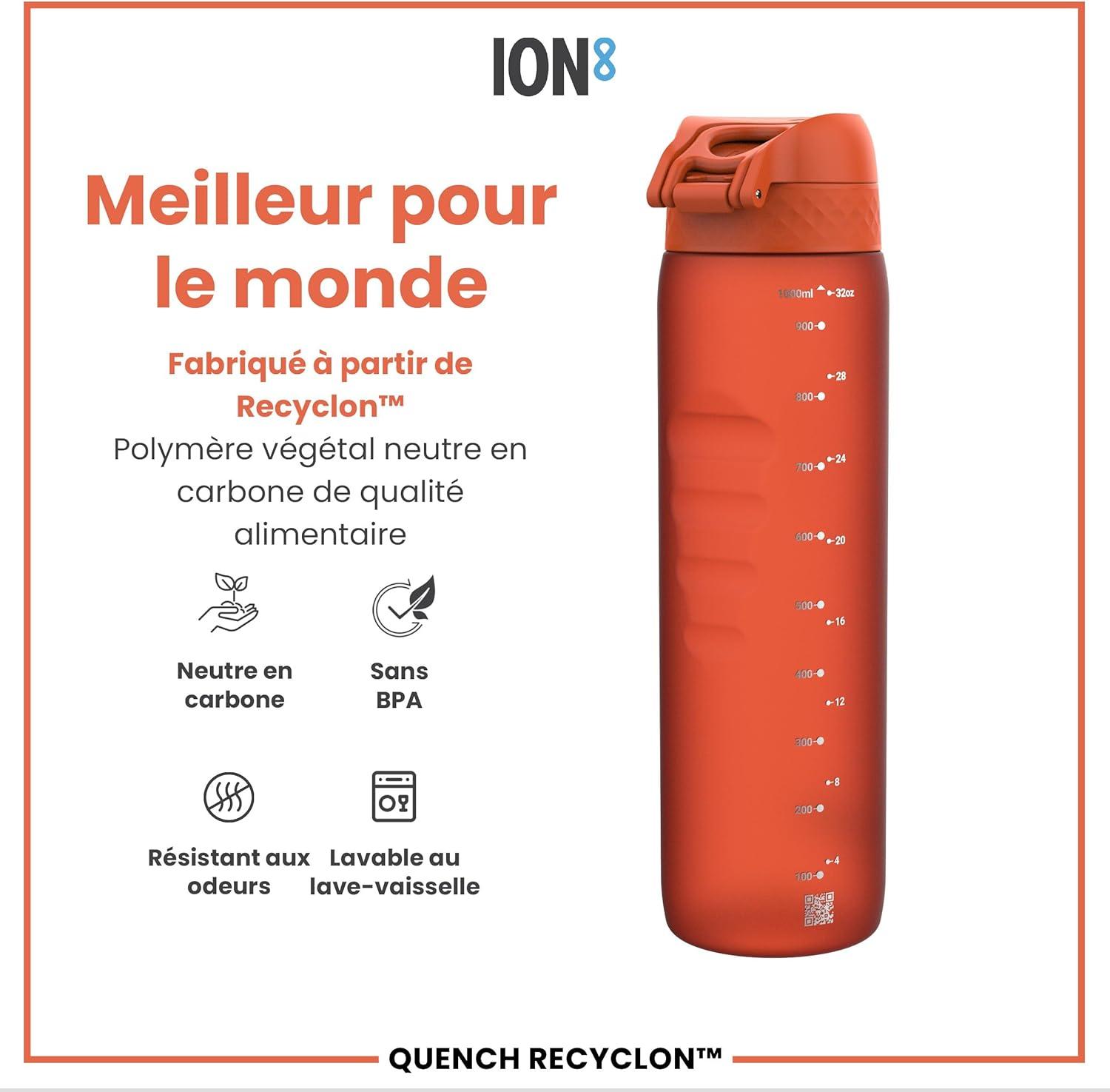 imageIon8 Gourde 1l 1000ml AntiFuite Facile Ouvrir Verrouillage Scuris Poigne de Transport Lavable en Lavevaisselle Sans BPA Idale pour le Sport et la Salle de Sport Violet ClairOrange