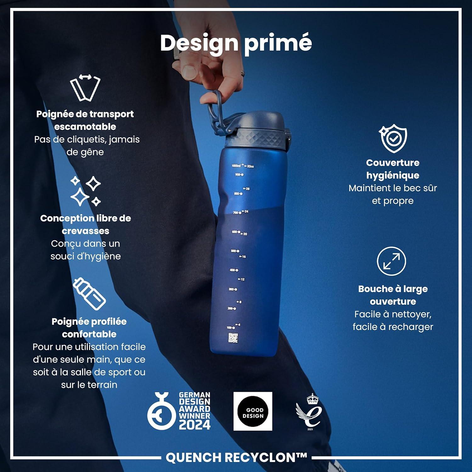 imageIon8 Gourde 1l 1000ml AntiFuite Facile Ouvrir Verrouillage Scuris Poigne de Transport Lavable en Lavevaisselle Sans BPA Idale pour le Sport et la Salle de Sport Violet ClairBleu Marine
