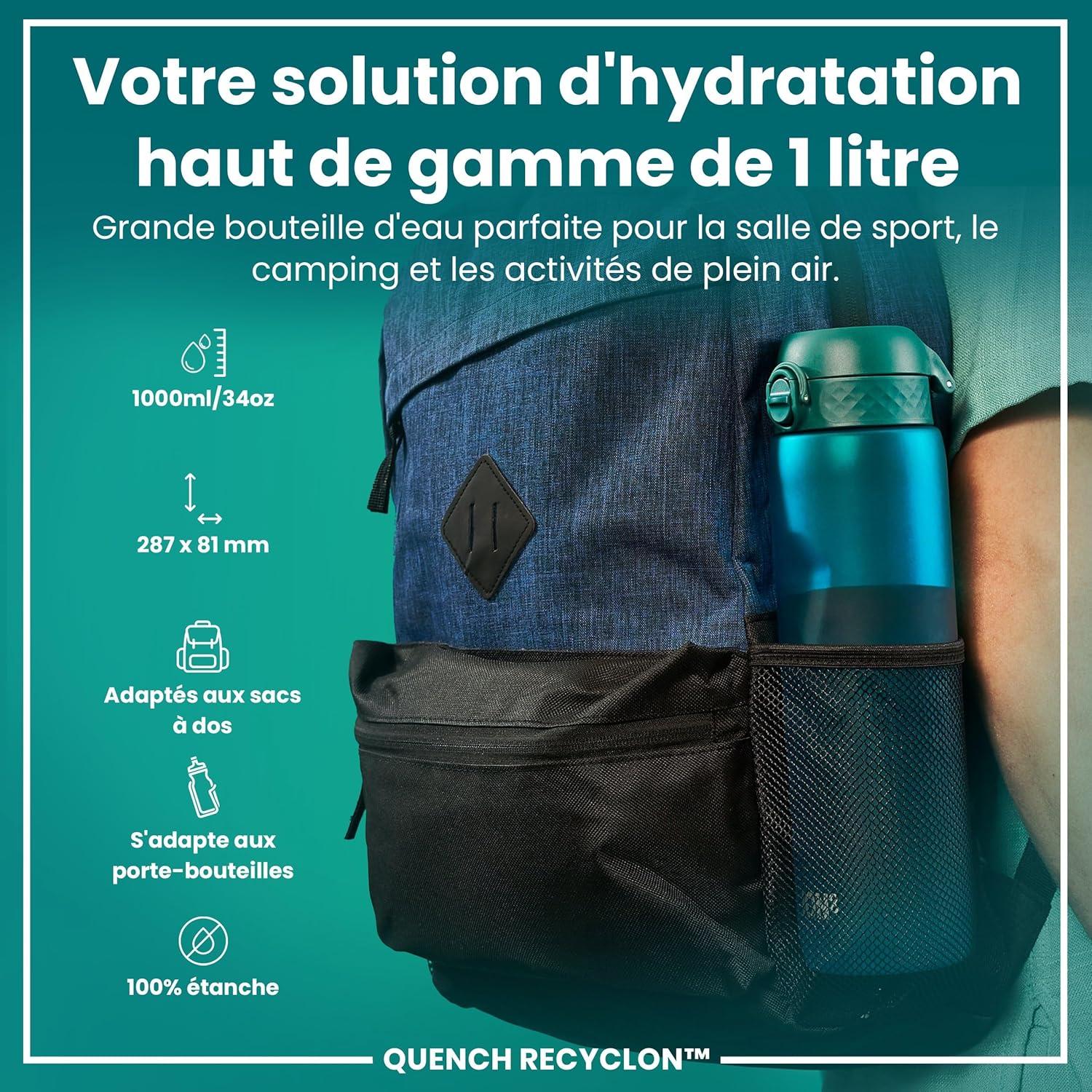 imageIon8 Gourde 1l 1000ml AntiFuite Facile Ouvrir Verrouillage Scuris Poigne de Transport Lavable en Lavevaisselle Sans BPA Idale pour le Sport et la Salle de Sport Violet ClairAqua