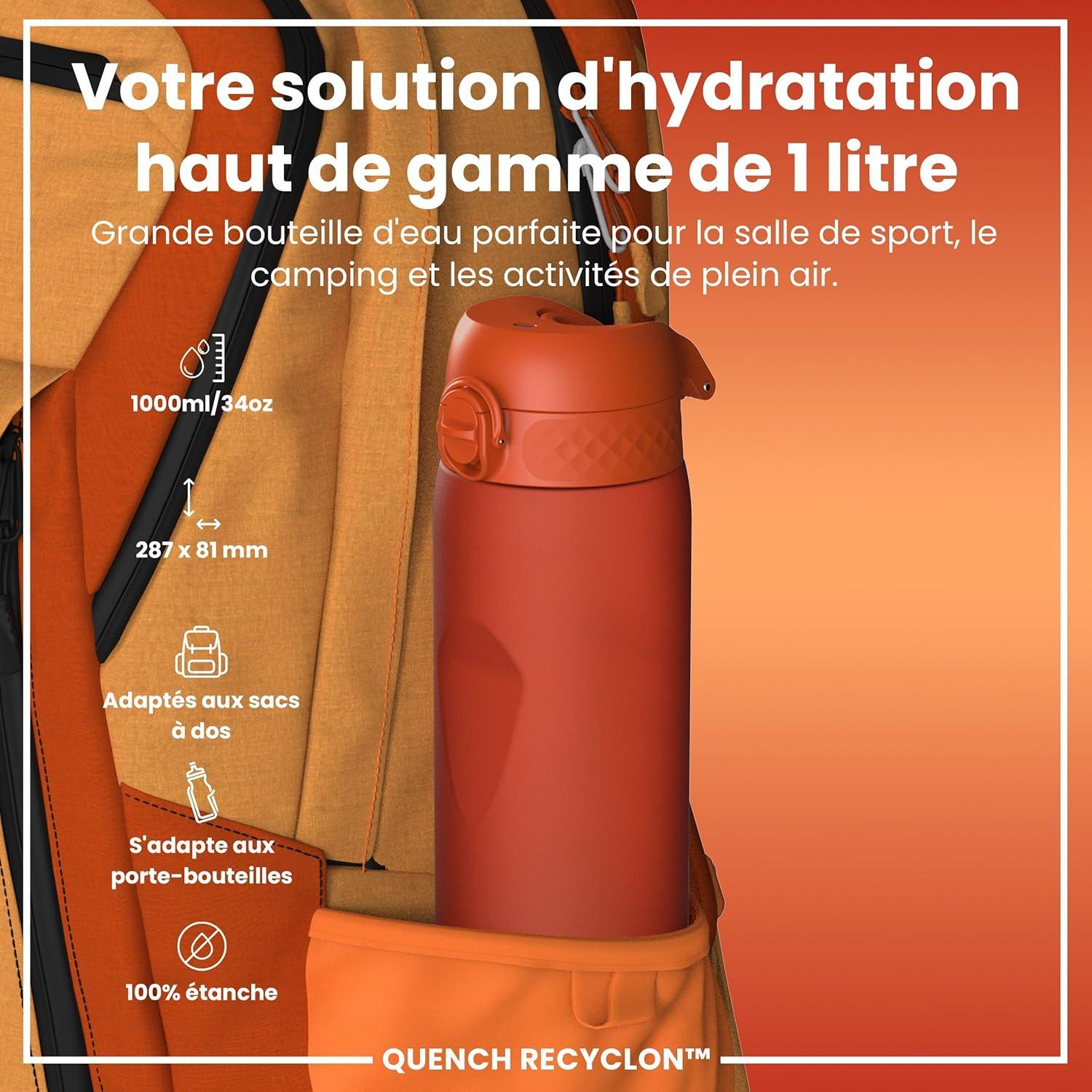 imageIon8 Gourde 1l 1000ml AntiFuite Facile Ouvrir Verrouillage Scuris Poigne de Transport Lavable en Lavevaisselle Sans BPA Idale pour le Sport et la Salle de Sport Violet ClairOrange
