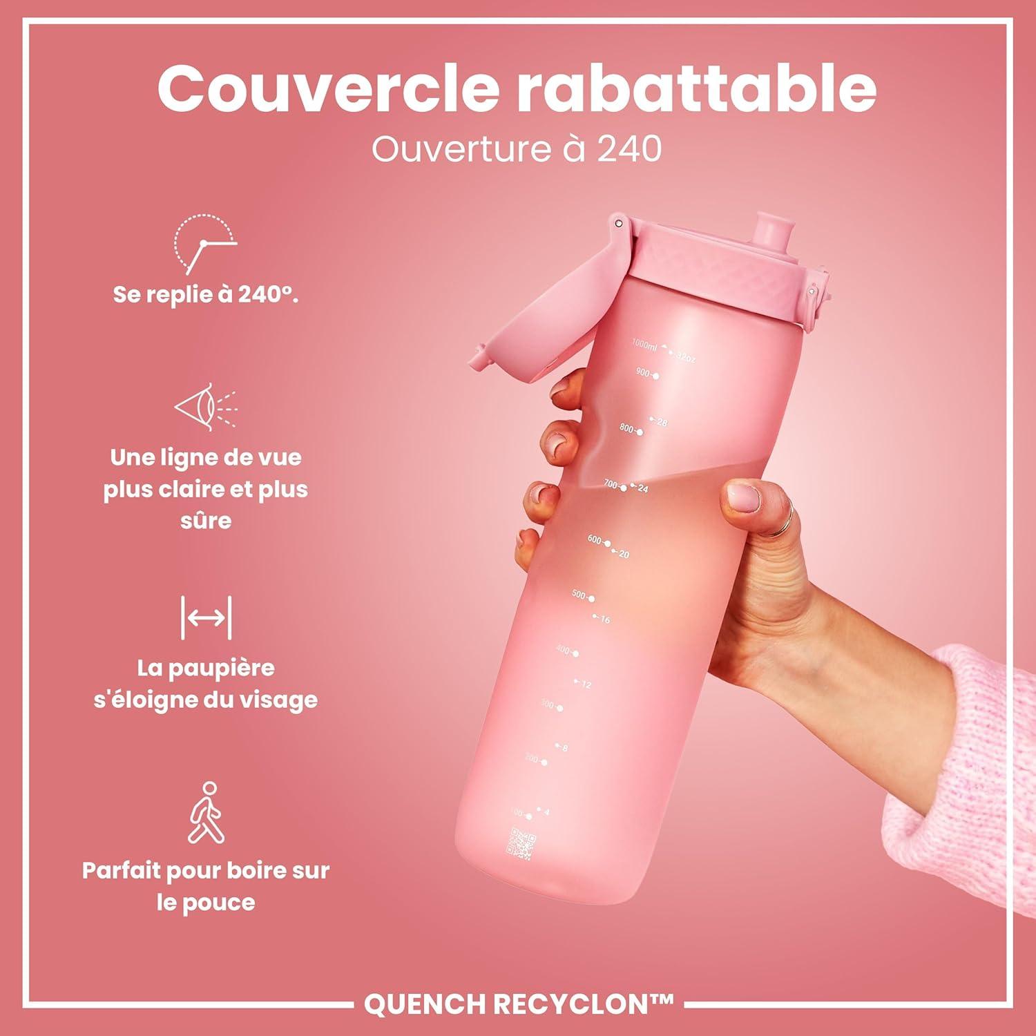 imageIon8 Gourde 1l 1000ml AntiFuite Facile Ouvrir Verrouillage Scuris Poigne de Transport Lavable en Lavevaisselle Sans BPA Idale pour le Sport et la Salle de Sport Violet ClairRose Clair