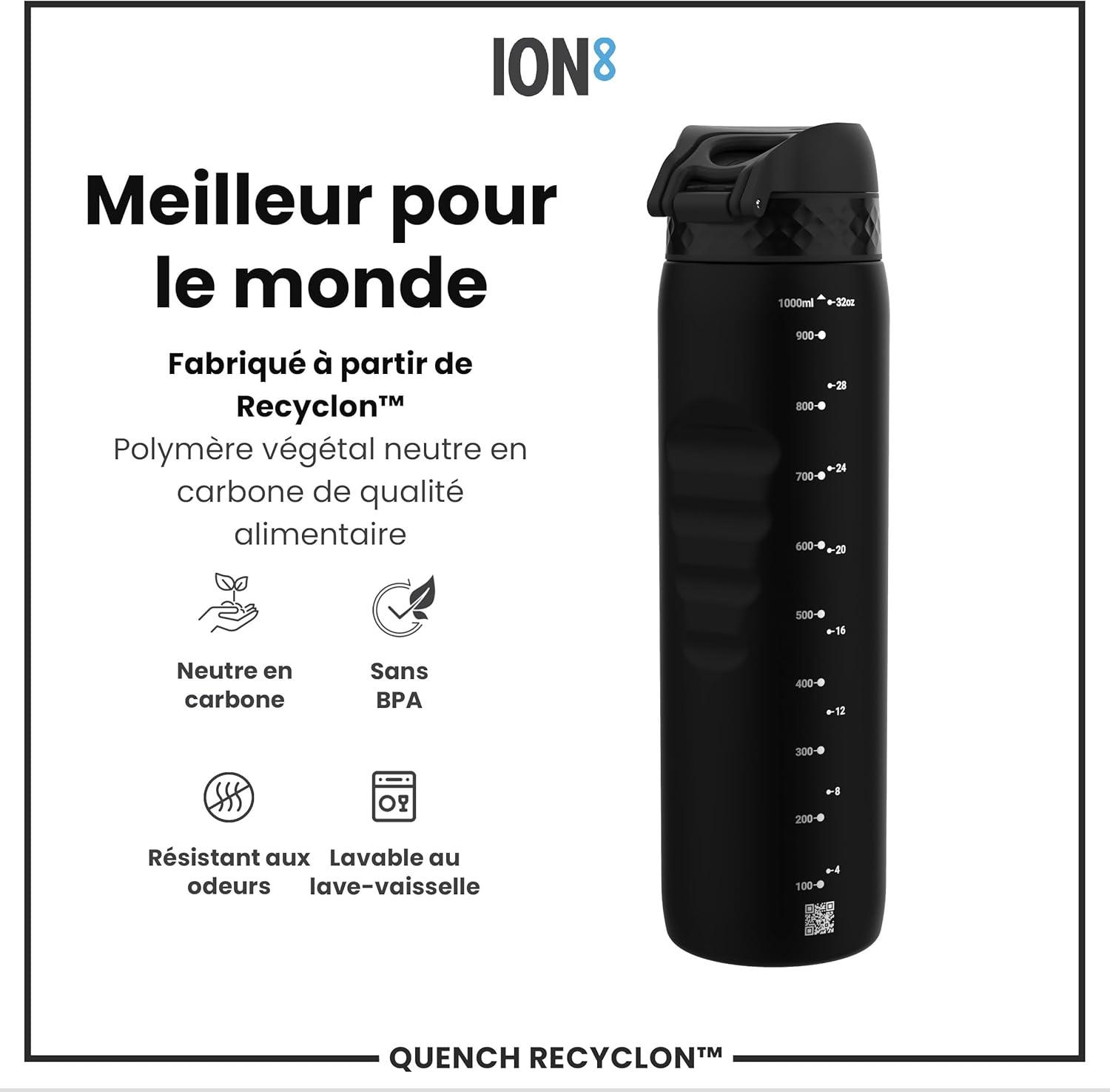imageIon8 Gourde 1l 1000ml AntiFuite Facile Ouvrir Verrouillage Scuris Poigne de Transport Lavable en Lavevaisselle Sans BPA Idale pour le Sport et la Salle de Sport Violet ClairNoir