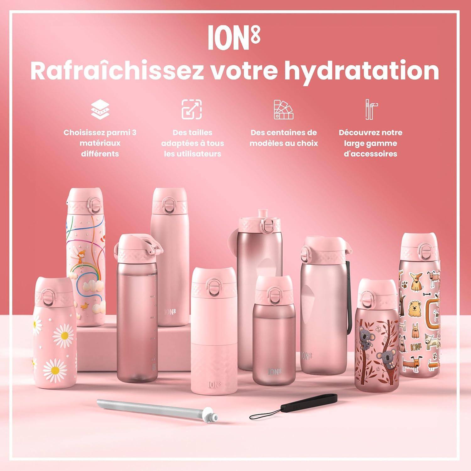 imageIon8 Gourde 1l 1000ml AntiFuite Facile Ouvrir Verrouillage Scuris Poigne de Transport Lavable en Lavevaisselle Sans BPA Idale pour le Sport et la Salle de Sport Violet ClairRose Clair