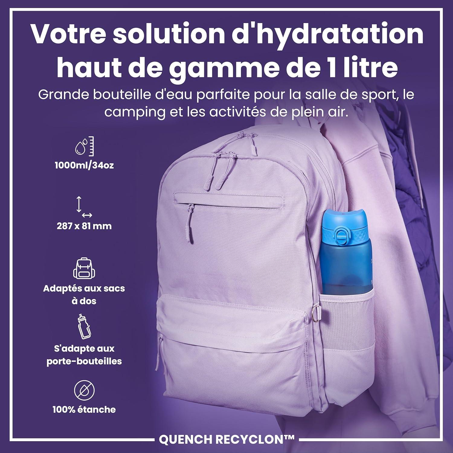 imageIon8 Gourde 1l 1000ml AntiFuite Facile Ouvrir Verrouillage Scuris Poigne de Transport Lavable en Lavevaisselle Sans BPA Idale pour le Sport et la Salle de Sport Violet ClairBleu et Rose