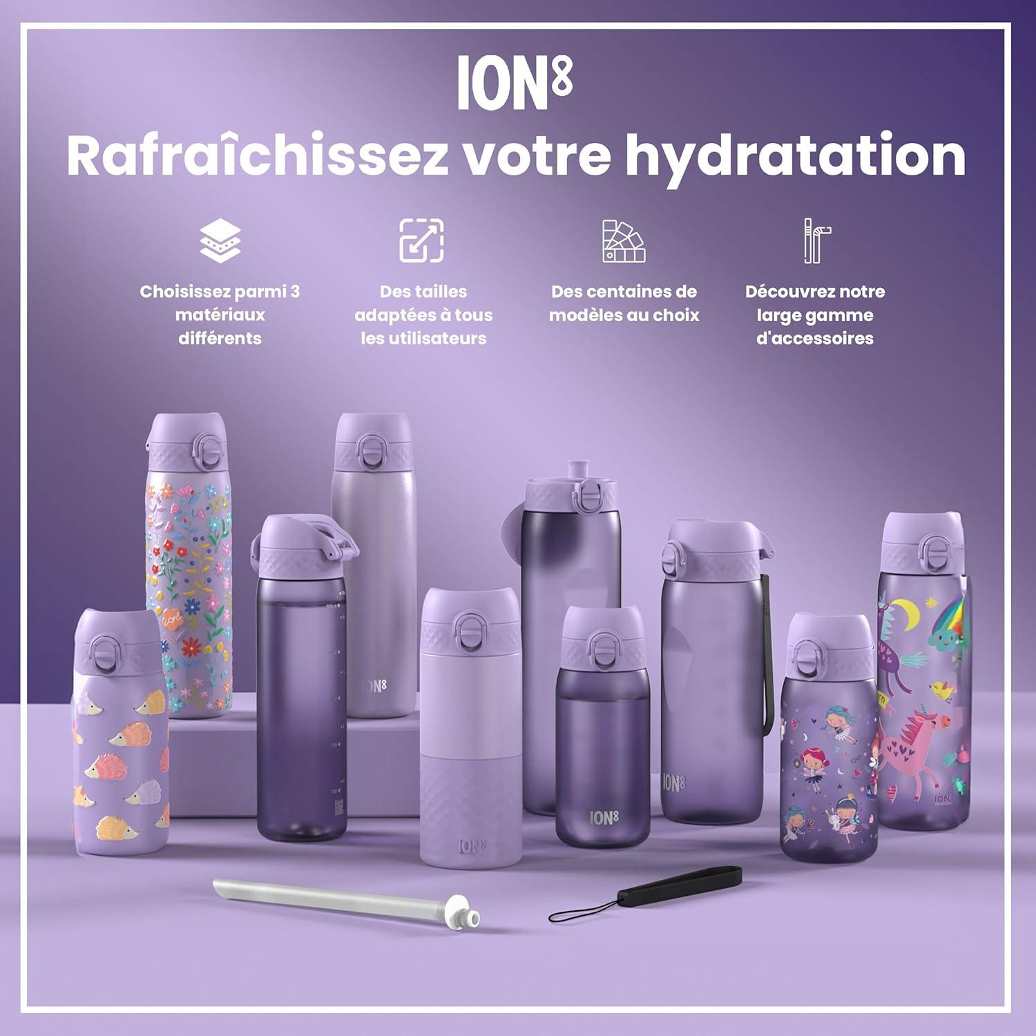 imageIon8 Gourde 1l 1000ml AntiFuite Facile Ouvrir Verrouillage Scuris Poigne de Transport Lavable en Lavevaisselle Sans BPA Idale pour le Sport et la Salle de Sport Violet ClairBleu et Rose