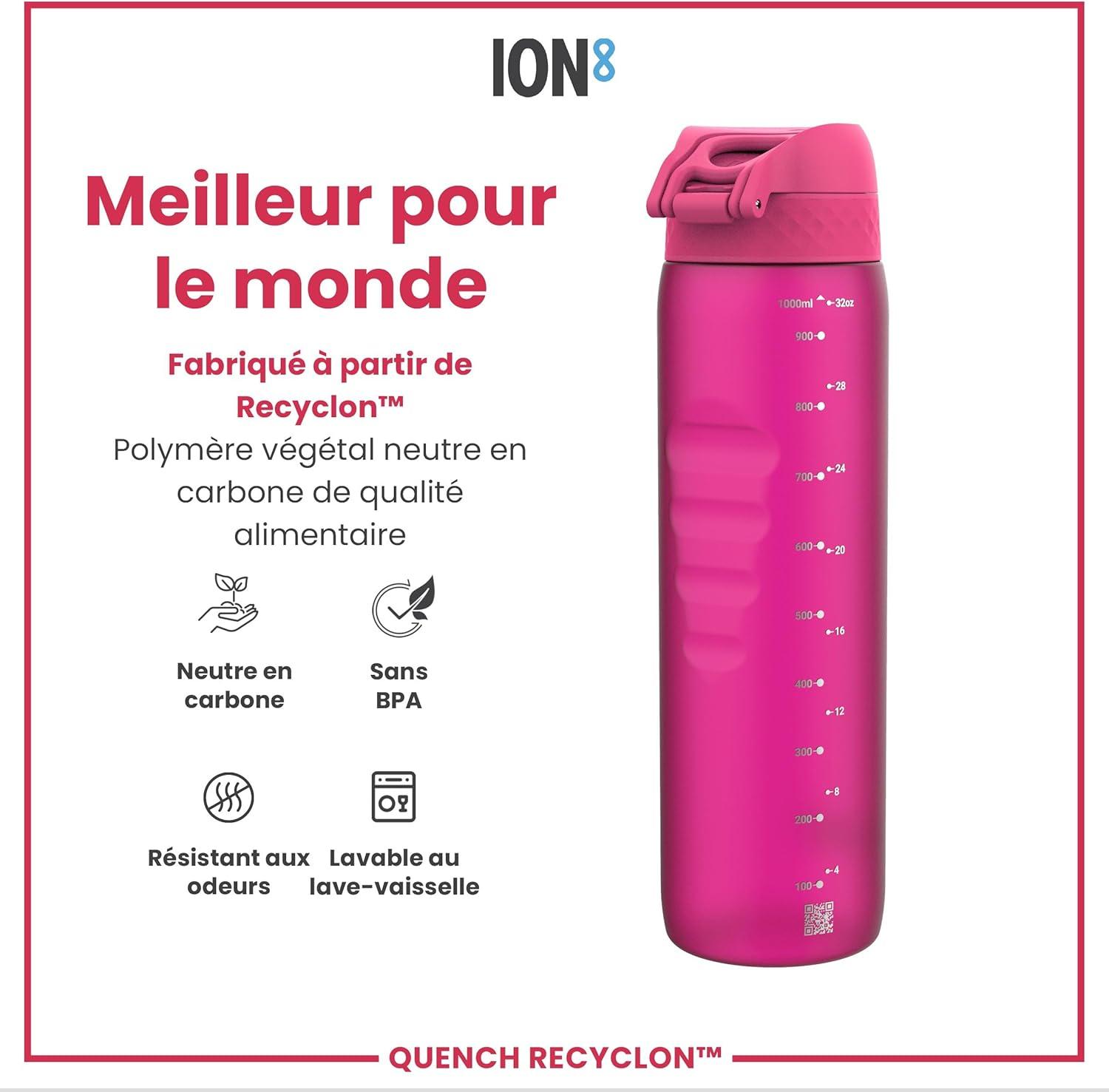 imageIon8 Gourde 1l 1000ml AntiFuite Facile Ouvrir Verrouillage Scuris Poigne de Transport Lavable en Lavevaisselle Sans BPA Idale pour le Sport et la Salle de Sport Violet ClairRose