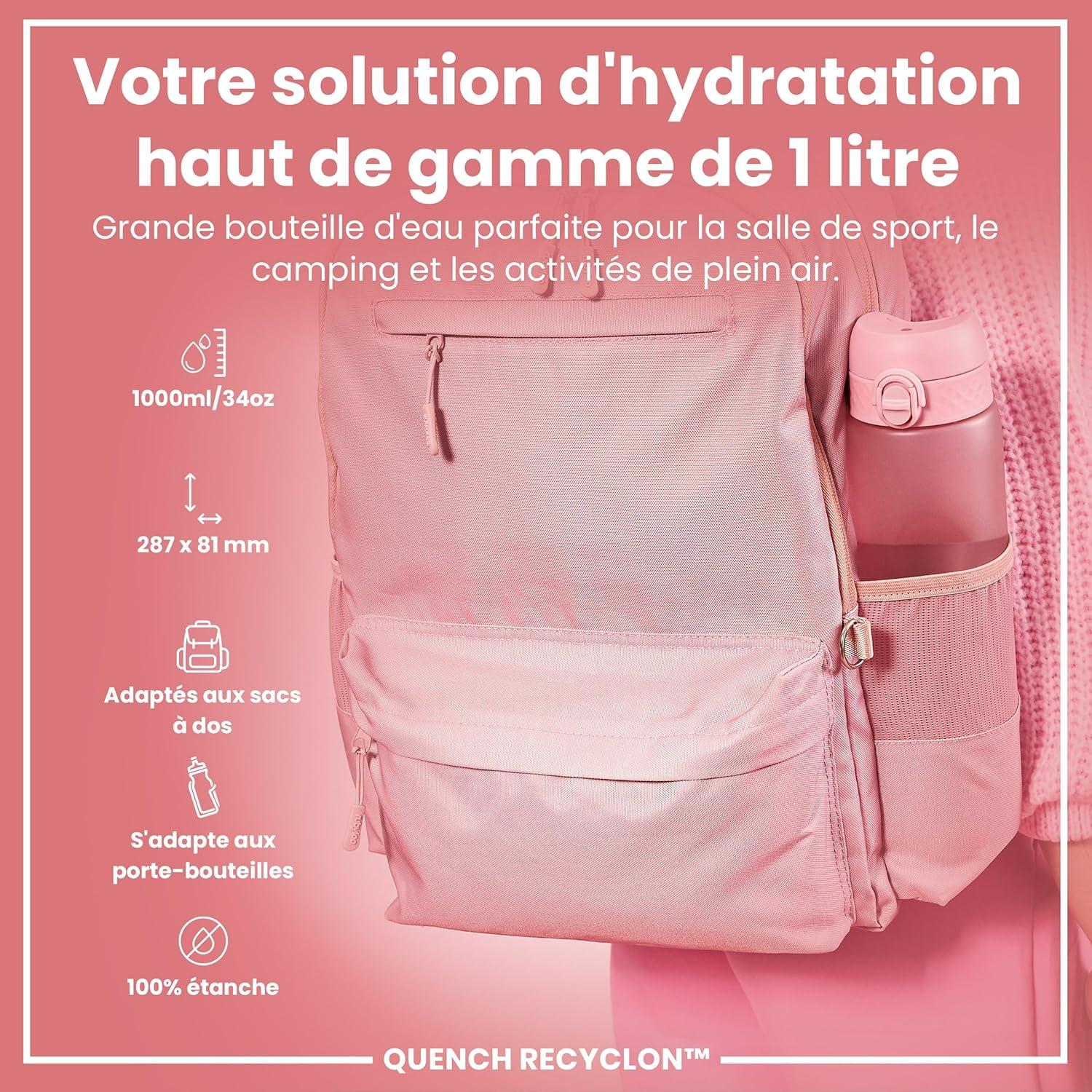 imageIon8 Gourde 1l 1000ml AntiFuite Facile Ouvrir Verrouillage Scuris Poigne de Transport Lavable en Lavevaisselle Sans BPA Idale pour le Sport et la Salle de Sport Violet ClairRose Clair