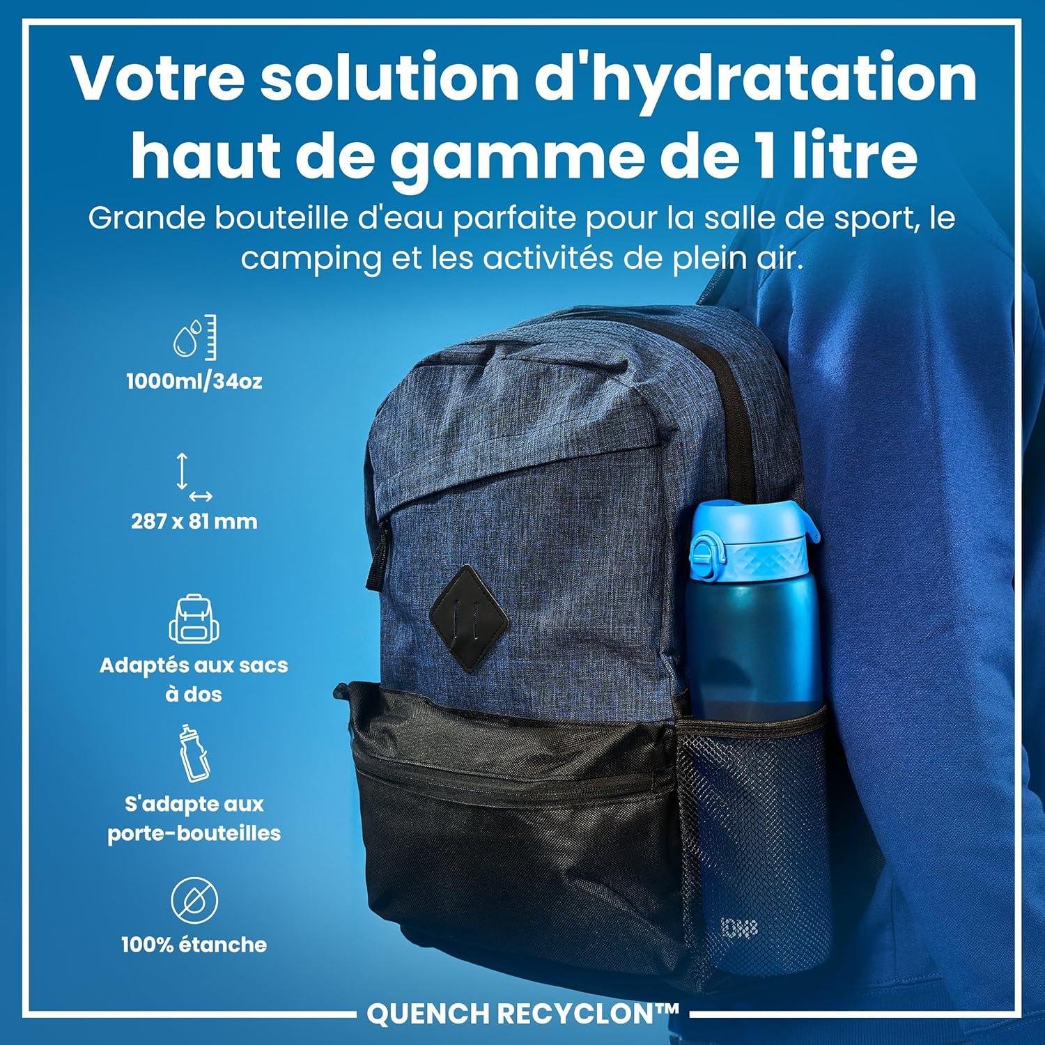 imageIon8 Gourde 1l 1000ml AntiFuite Facile Ouvrir Verrouillage Scuris Poigne de Transport Lavable en Lavevaisselle Sans BPA Idale pour le Sport et la Salle de Sport Violet ClairBleu