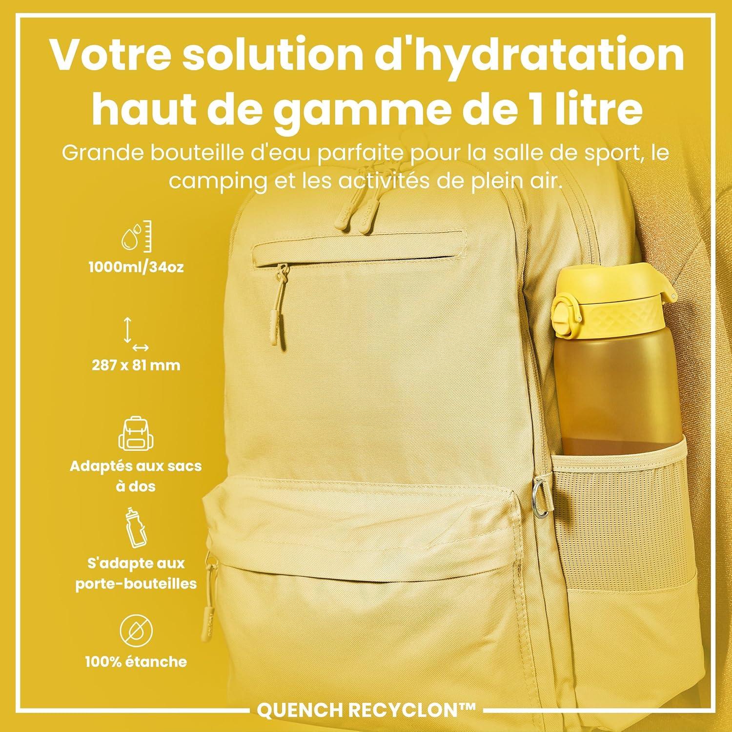 imageIon8 Gourde 1l 1000ml AntiFuite Facile Ouvrir Verrouillage Scuris Poigne de Transport Lavable en Lavevaisselle Sans BPA Idale pour le Sport et la Salle de Sport Violet ClairJaune