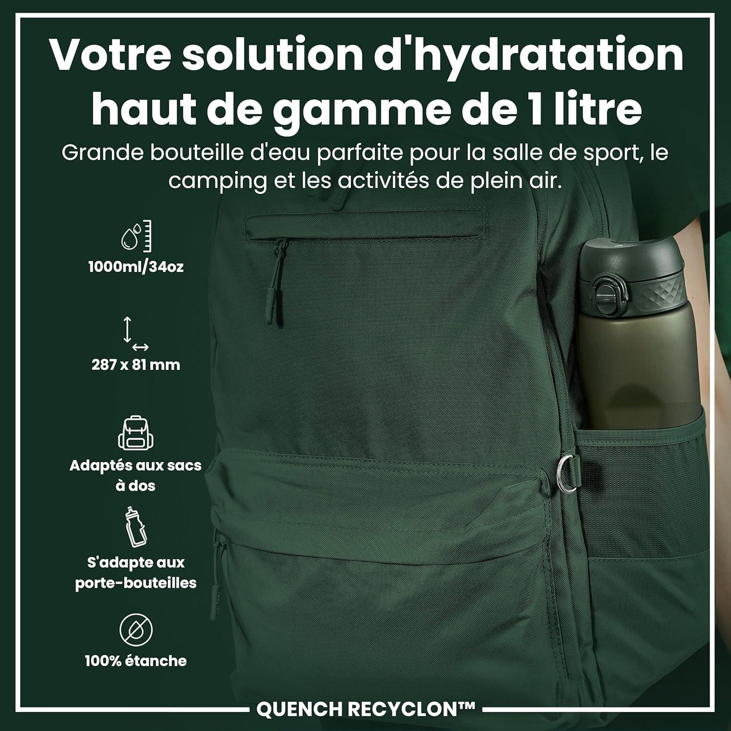imageIon8 Gourde 1l 1000ml AntiFuite Facile Ouvrir Verrouillage Scuris Poigne de Transport Lavable en Lavevaisselle Sans BPA Idale pour le Sport et la Salle de Sport Violet ClairVert Fonc