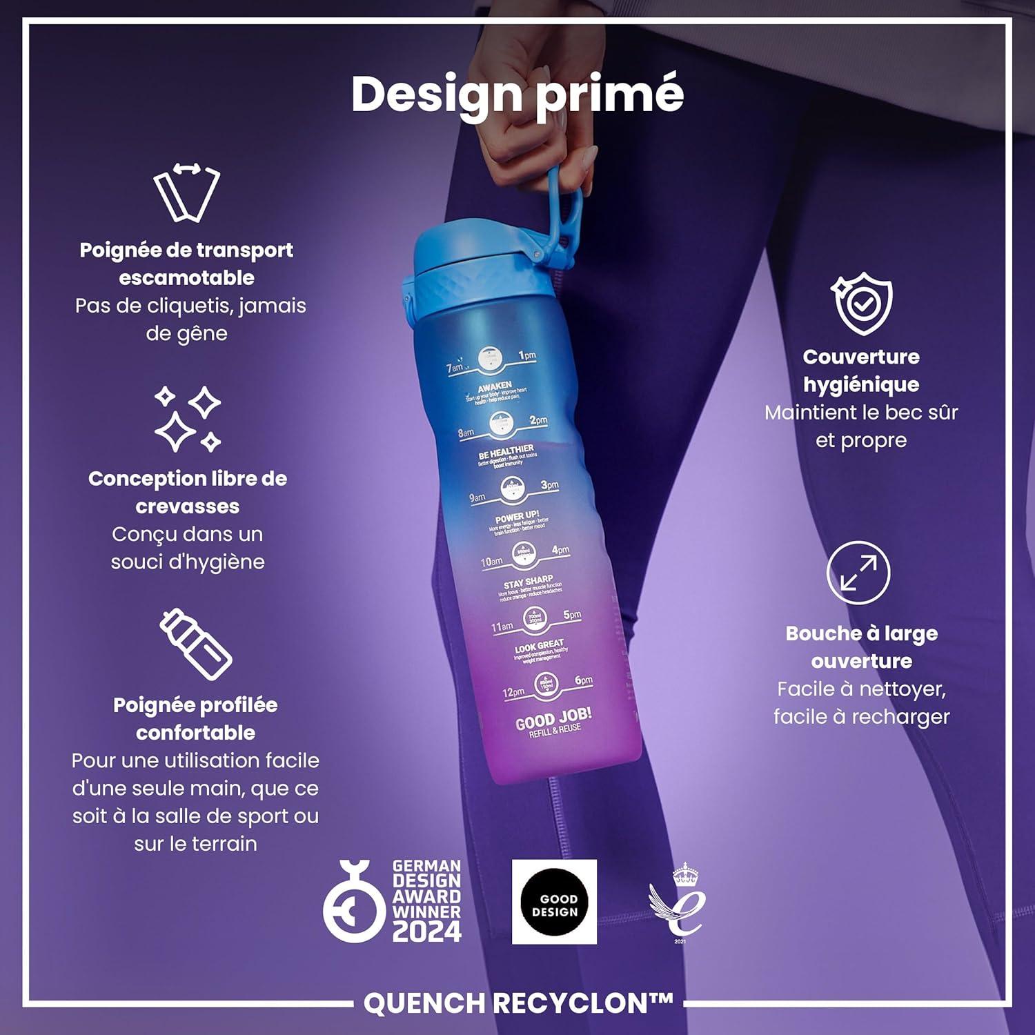 imageIon8 Gourde 1l 1000ml AntiFuite Facile Ouvrir Verrouillage Scuris Poigne de Transport Lavable en Lavevaisselle Sans BPA Idale pour le Sport et la Salle de Sport Violet ClairBleu et Rose
