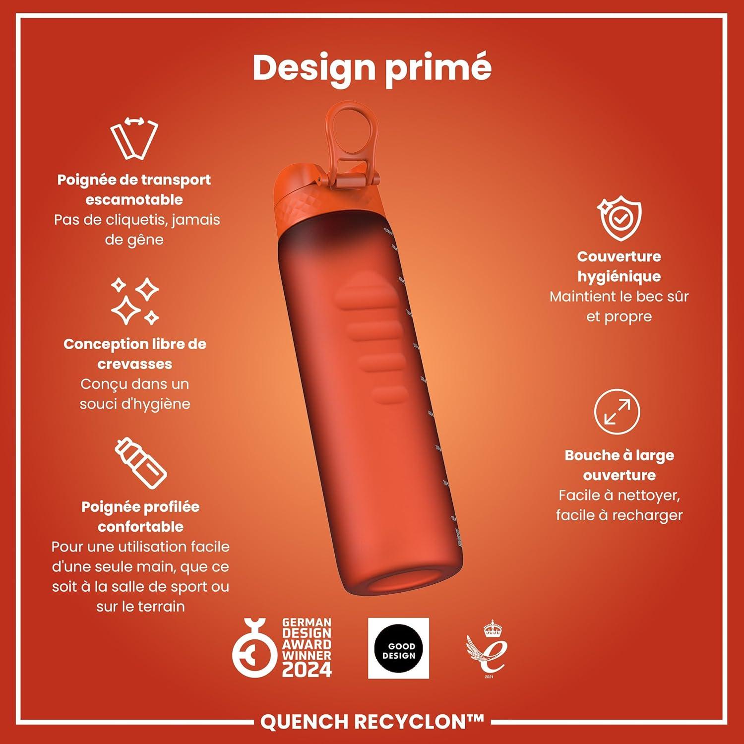 imageIon8 Gourde 1l 1000ml AntiFuite Facile Ouvrir Verrouillage Scuris Poigne de Transport Lavable en Lavevaisselle Sans BPA Idale pour le Sport et la Salle de Sport Violet ClairOrange