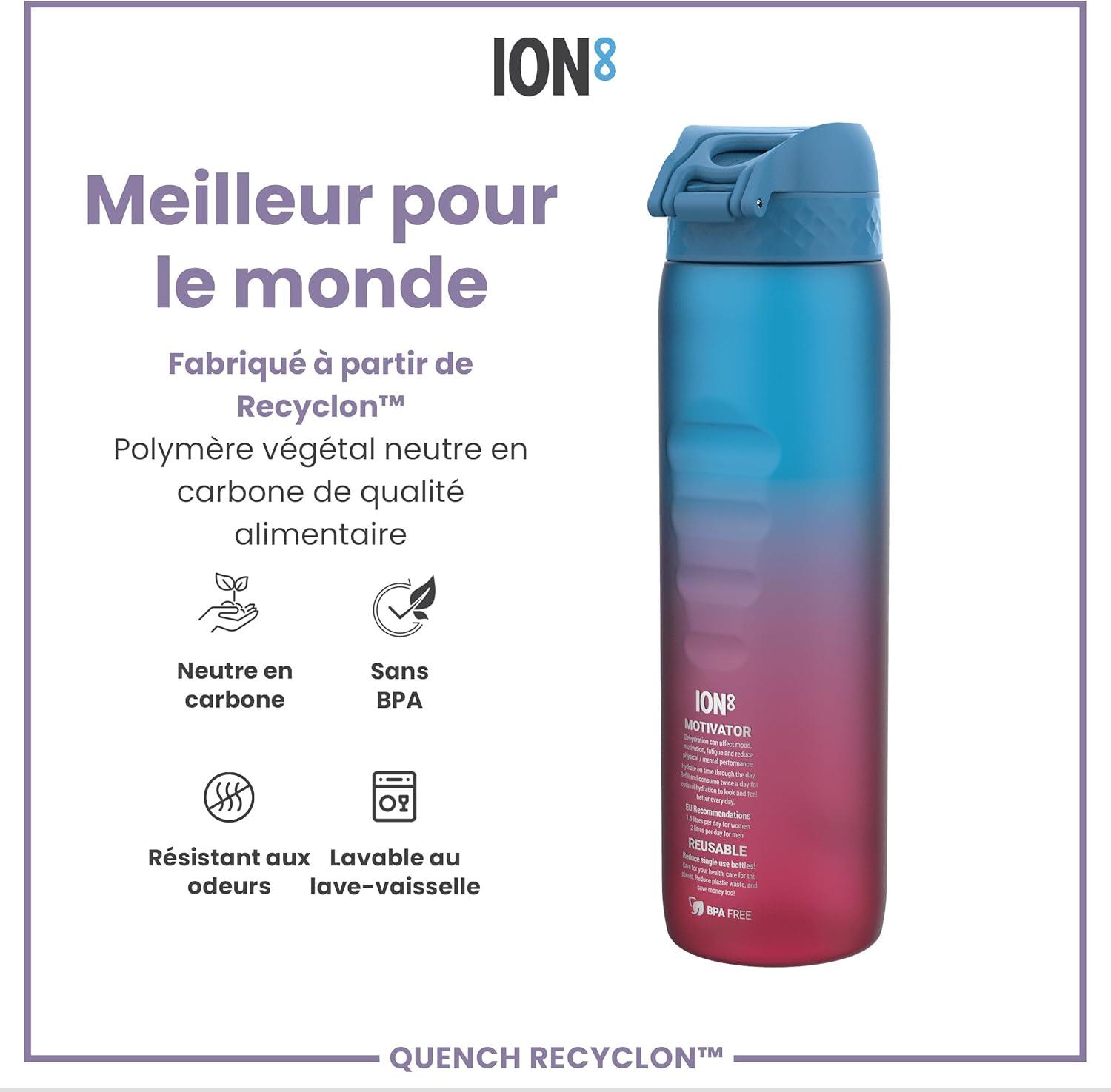imageIon8 Gourde 1l 1000ml AntiFuite Facile Ouvrir Verrouillage Scuris Poigne de Transport Lavable en Lavevaisselle Sans BPA Idale pour le Sport et la Salle de Sport Violet ClairBleu et Rose
