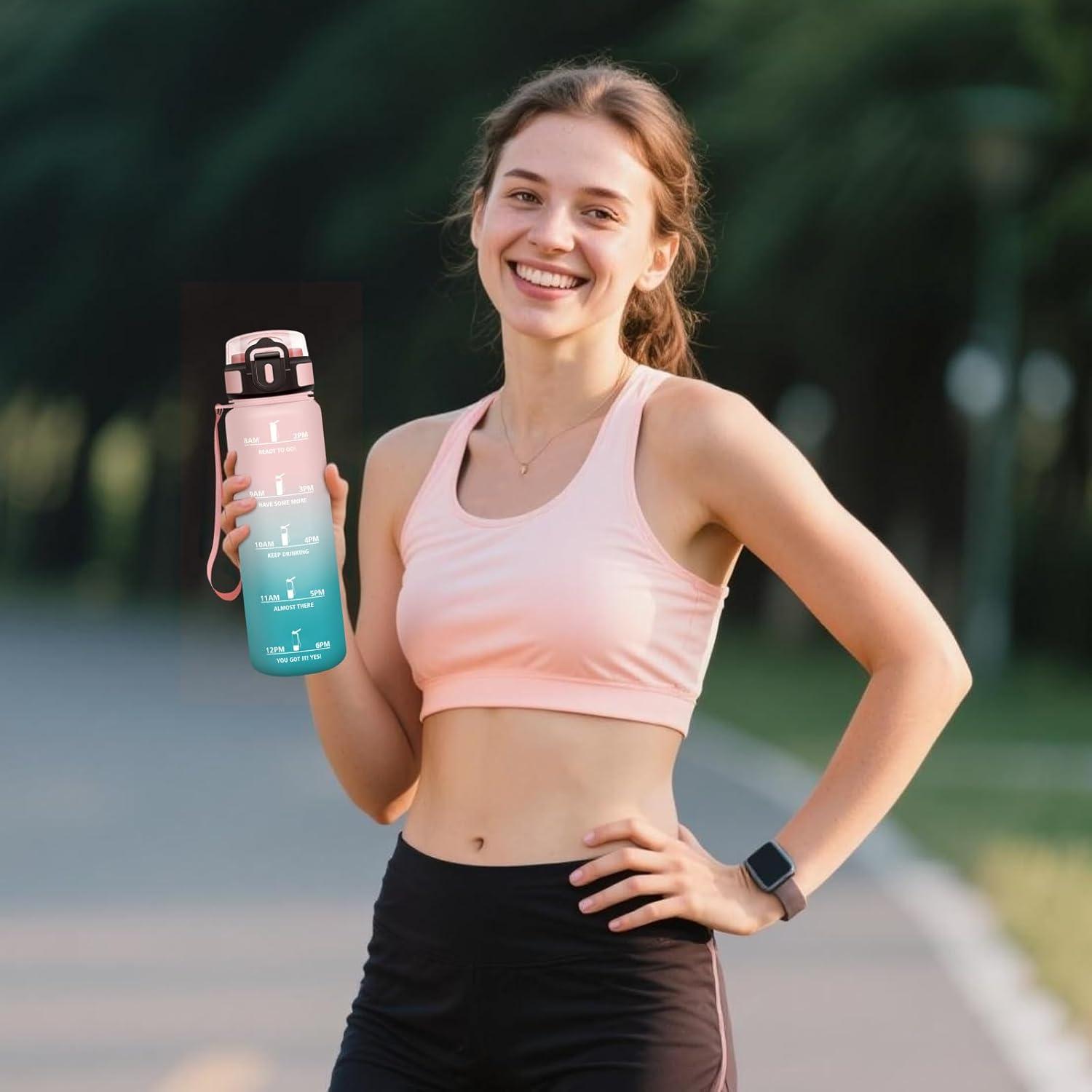 imageMotswedi Gourde 1l avec Paille Gourde Sport AntiFuite Bouteille Rutilisable Bouteille deau avec Marqueur de Temps pour Fitness Yoga Sport Camping Gym Travail Bleu Vert 3245CRose Vert1000ml
