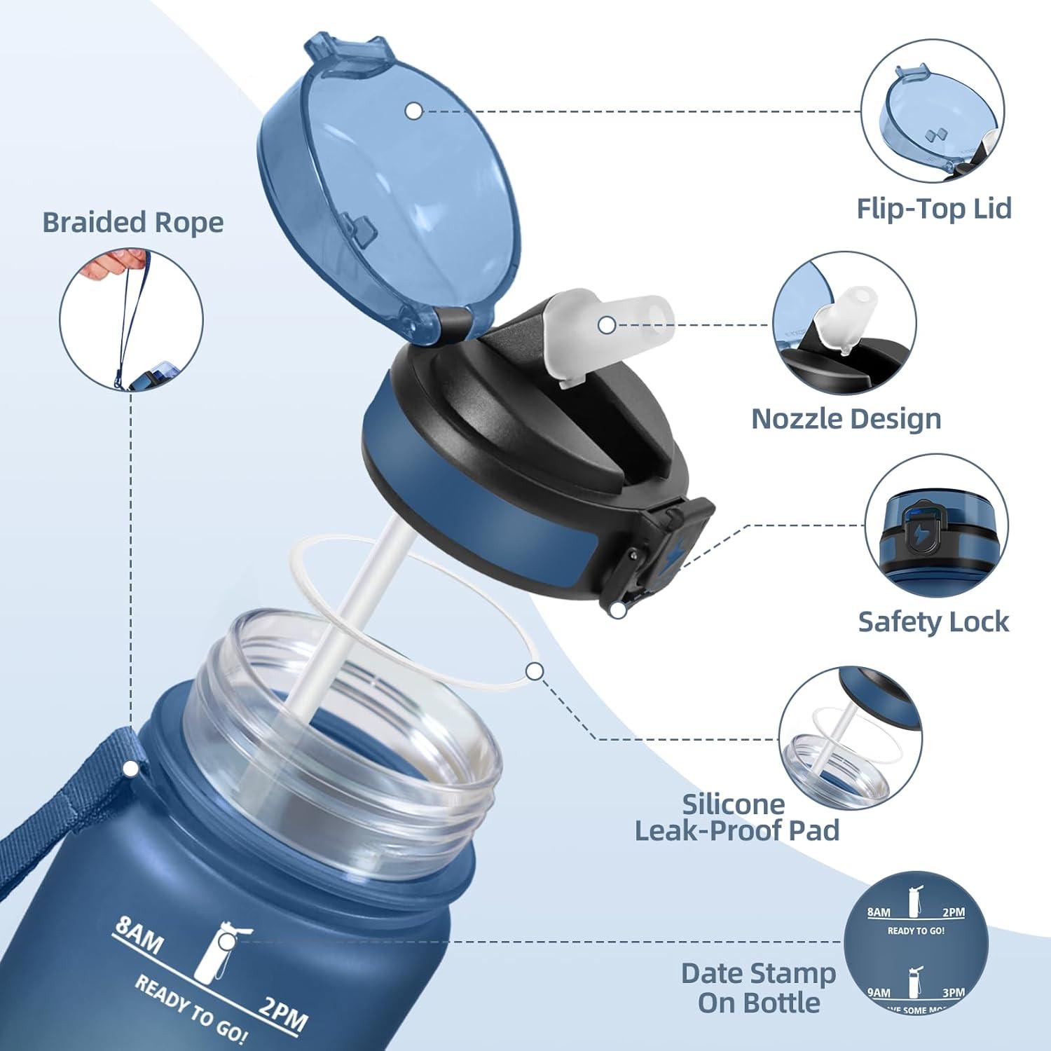 imageMotswedi Gourde 1l avec Paille Gourde Sport AntiFuite Bouteille Rutilisable Bouteille deau avec Marqueur de Temps pour Fitness Yoga Sport Camping Gym Travail Bleu Vert 3245CBleu Marine500ml