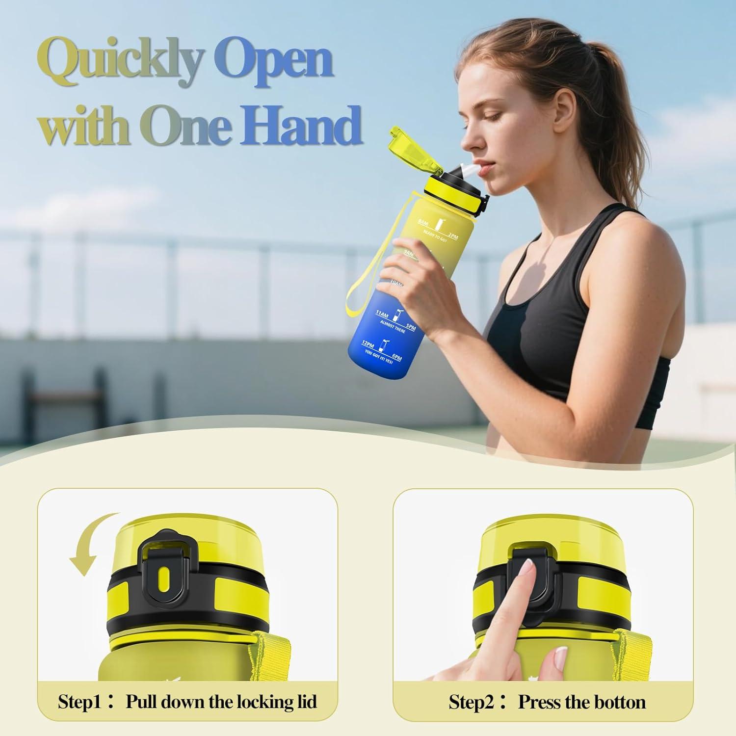 imageMotswedi Gourde 1l avec Paille Gourde Sport AntiFuite Bouteille Rutilisable Bouteille deau avec Marqueur de Temps pour Fitness Yoga Sport Camping Gym Travail Bleu Vert 3245CJaune Bleu Roi1000ml