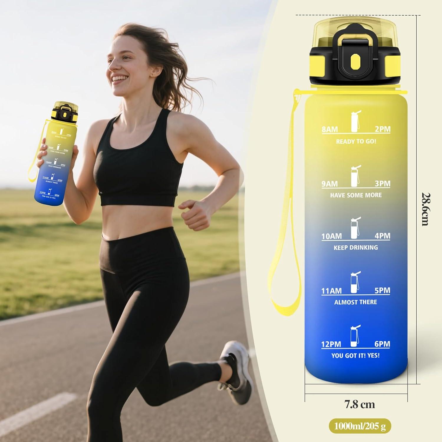 imageMotswedi Gourde 1l avec Paille Gourde Sport AntiFuite Bouteille Rutilisable Bouteille deau avec Marqueur de Temps pour Fitness Yoga Sport Camping Gym Travail Bleu Vert 3245CJaune Bleu Roi1000ml
