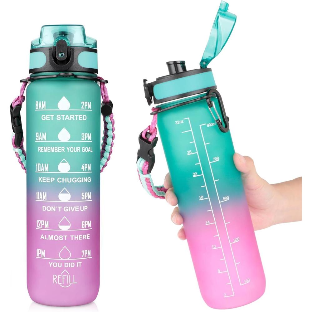 imageAiQInu Gourde Sport 1L Bouteille deau avec Marqueur de Temps et sans BPA tanche Verrouillage Scuris Poigne de Transport Tresse avec Cordon Parapluie pour la GymDgrad Vertviolet