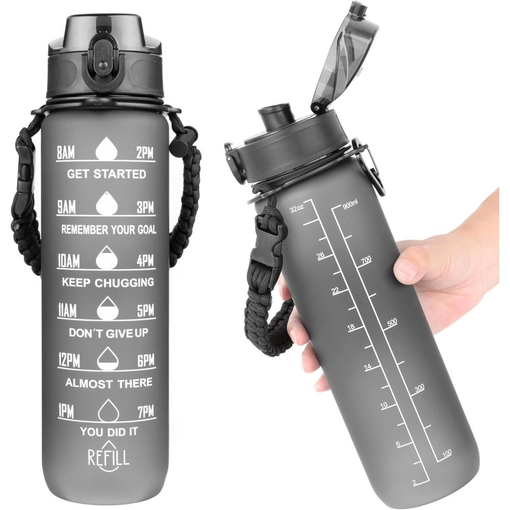 imageAiQInu Gourde Sport 1L Bouteille deau avec Marqueur de Temps et sans BPA tanche Verrouillage Scuris Poigne de Transport Tresse avec Cordon Parapluie pour la GymNoir