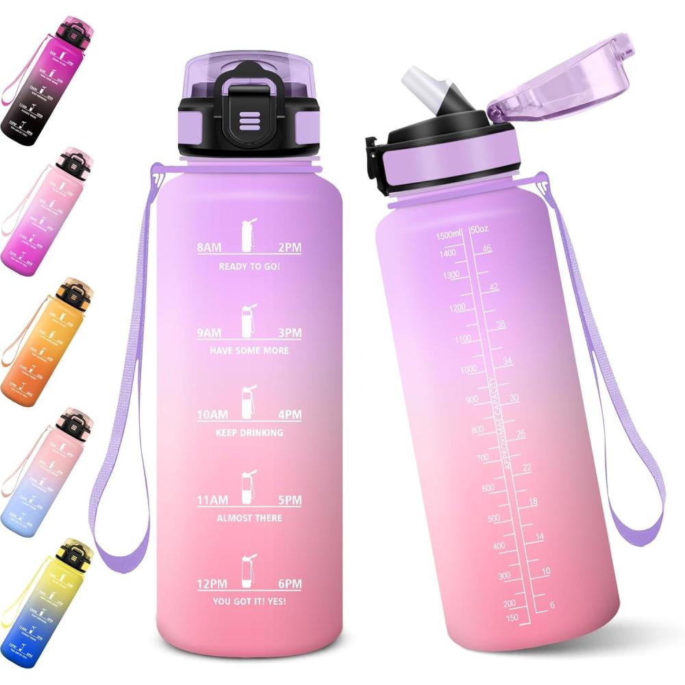 imageGourde 1000ML Gourde Paille Adulte Sans BPA Bouteille deau de Motivation avec Marqueur de Temps Bouteille Sport pour Salle de Sport Aire Libre Yoga RoseampampBleu cielViolet Clairrose Clair1500ml