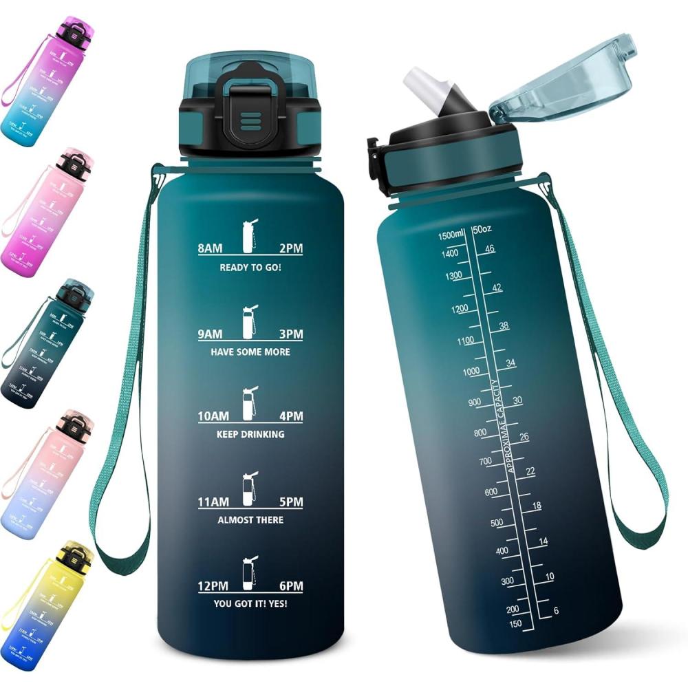 imageGourde 1000ML Gourde Paille Adulte Sans BPA Bouteille deau de Motivation avec Marqueur de Temps Bouteille Sport pour Salle de Sport Aire Libre Yoga RoseampampBleu cielVert Foncgris1500ml
