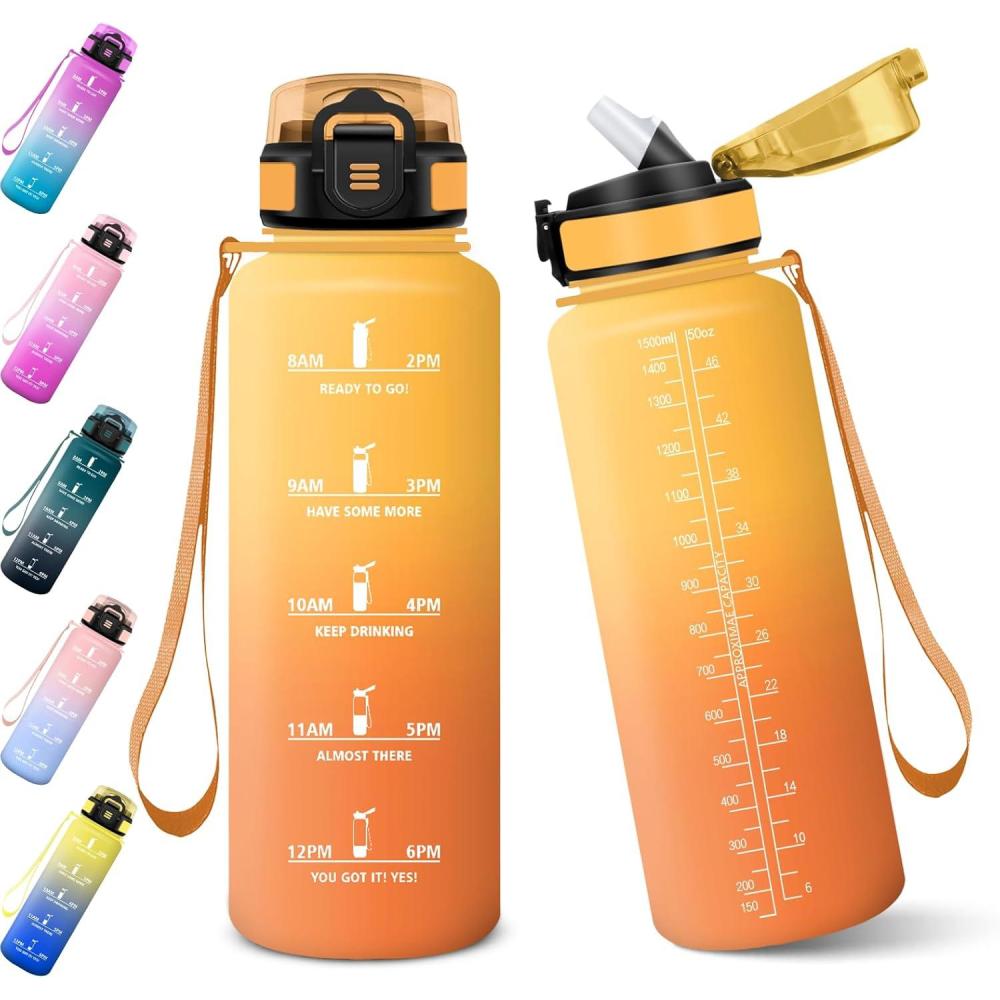imageGourde 1000ML Gourde Paille Adulte Sans BPA Bouteille deau de Motivation avec Marqueur de Temps Bouteille Sport pour Salle de Sport Aire Libre Yoga  RoseampampBleu cielJauneorange1000ml