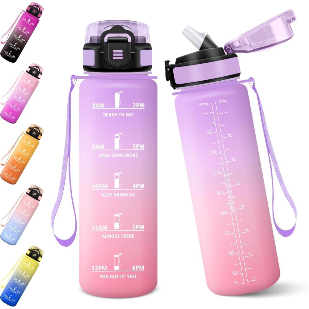 imageGourde 1000ML Gourde Paille Adulte Sans BPA Bouteille deau de Motivation avec Marqueur de Temps Bouteille Sport pour Salle de Sport Aire Libre Yoga RoseampampBleu cielViolet Clairrose Clair1000ml