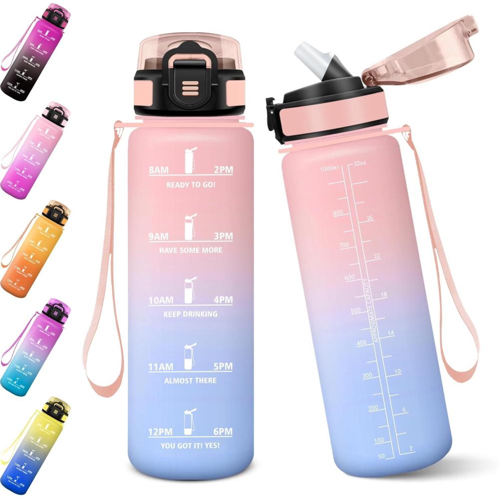 imageGourde 1000ML Gourde Paille Adulte Sans BPA Bouteille deau de Motivation avec Marqueur de Temps Bouteille Sport pour Salle de Sport Aire Libre Yoga  RoseampampBleu cielRosebleu Ciel1000ml