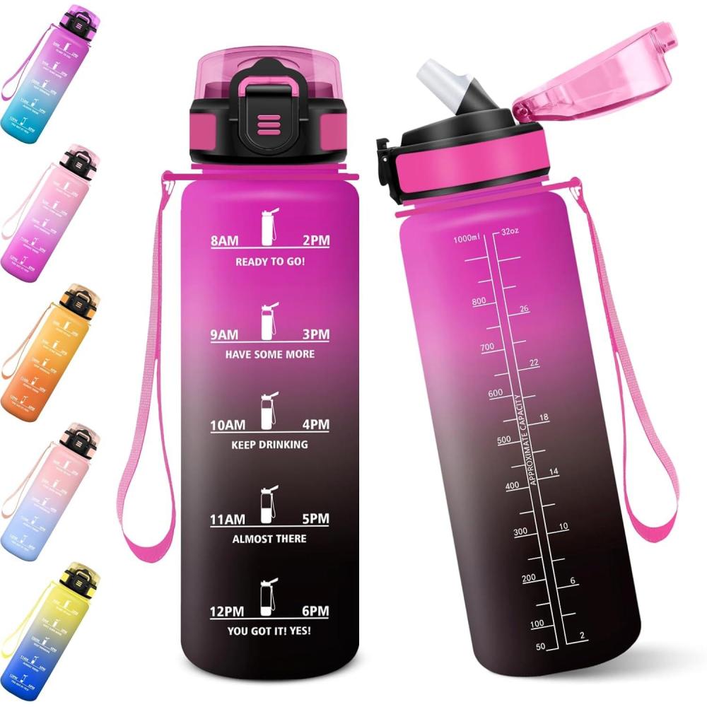 imageGourde 1000ML Gourde Paille Adulte Sans BPA Bouteille deau de Motivation avec Marqueur de Temps Bouteille Sport pour Salle de Sport Aire Libre Yoga  RoseampampBleu cielPourpre Rougetrenoir1000ml