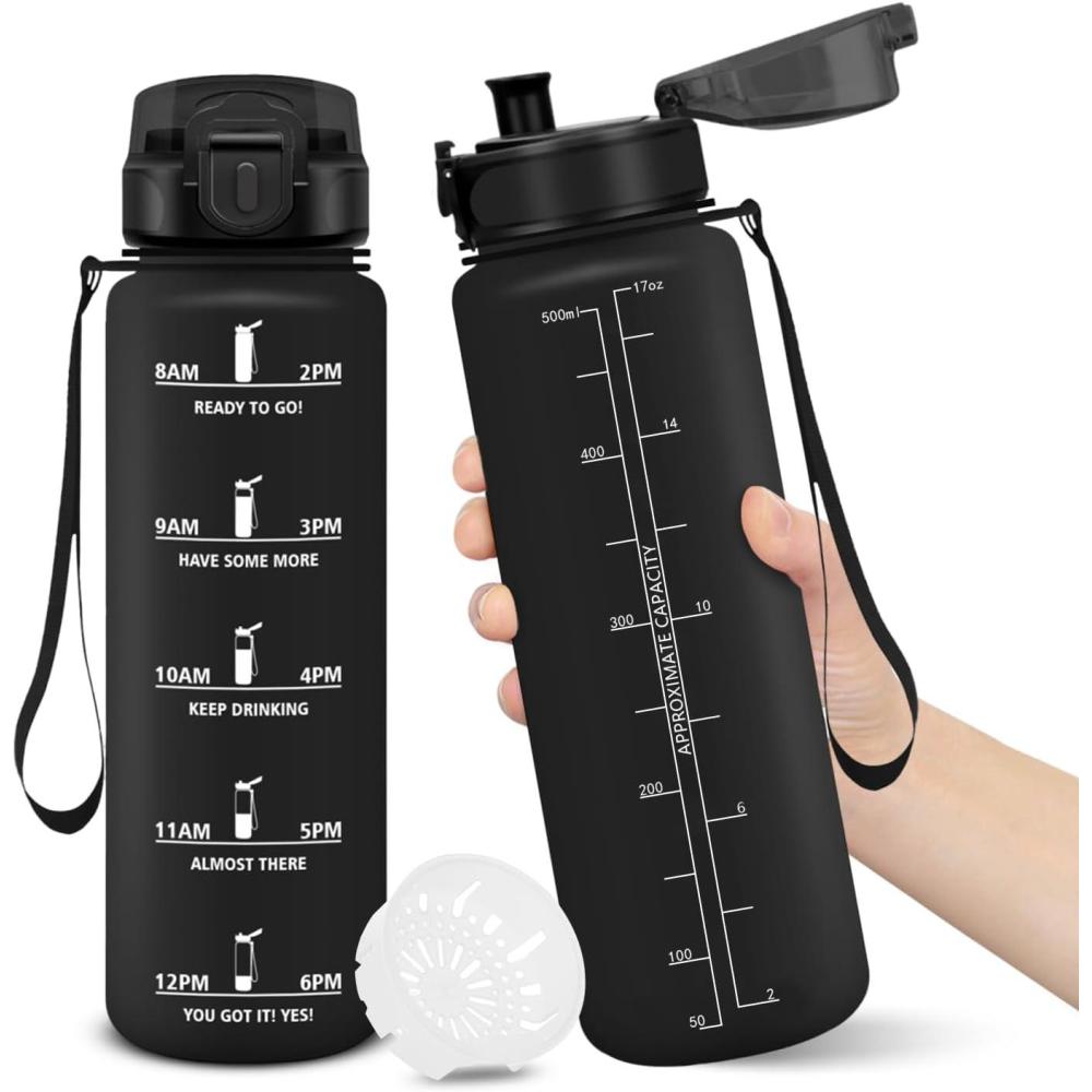imageGourde 1500ML Sans BPA Gourde sport Conception de Verrouillage AntiFuite Bouteille Avec Horodatage Bouteille Eau pour cole Yoga En cours dexcution Escalader Des Montagnes VertPoudreNoir500ml