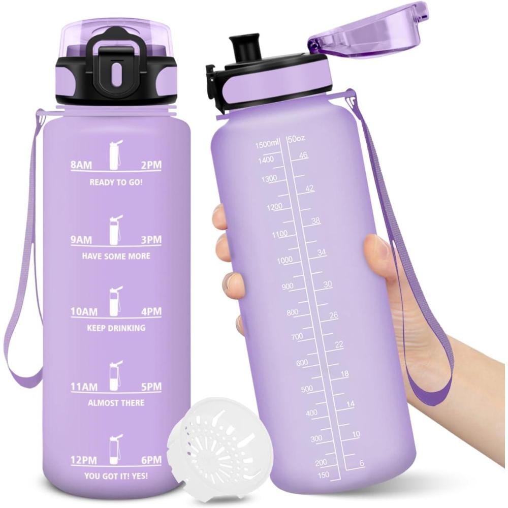 imageGourde 1500ML Sans BPA Gourde sport Conception de Verrouillage AntiFuite Bouteille Avec Horodatage Bouteille Eau pour cole Yoga En cours dexcution Escalader Des Montagnes VertPoudreVioletclair1500ml