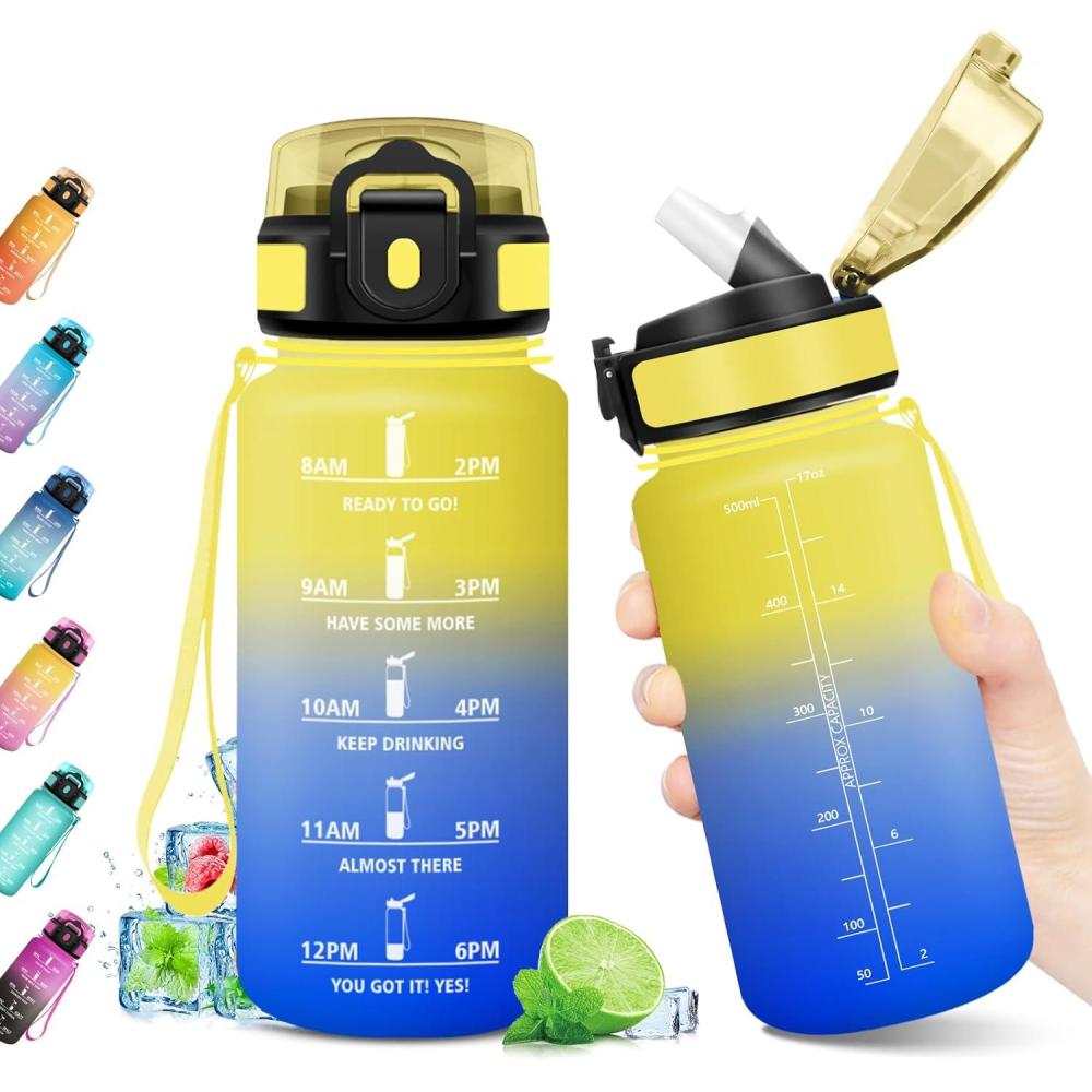 imageGourde Sport 500ml Bouteille Sport tanche Gourde avec Paille et Marqueur de Temps Bouteille Rutilisable Gourde sans BPA Bouteille deau pour Enfant Bureau Fitness Randonne Yoga Camping500ml Jaune Bleu Roi