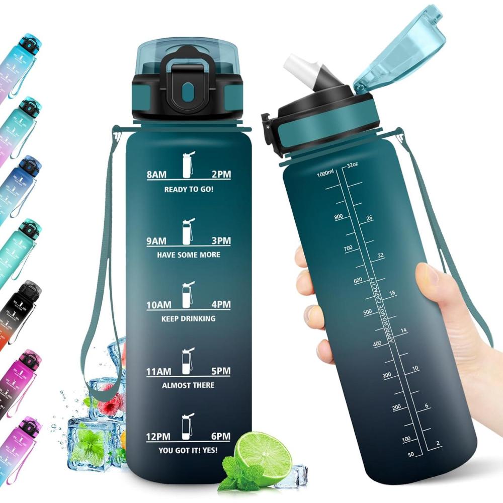 imageGourde Sport 500ml Bouteille Sport tanche Gourde avec Paille et Marqueur de Temps Bouteille Rutilisable Gourde sans BPA Bouteille deau pour Enfant Bureau Fitness Randonne Yoga Camping1000ml Vert Fonc Gris
