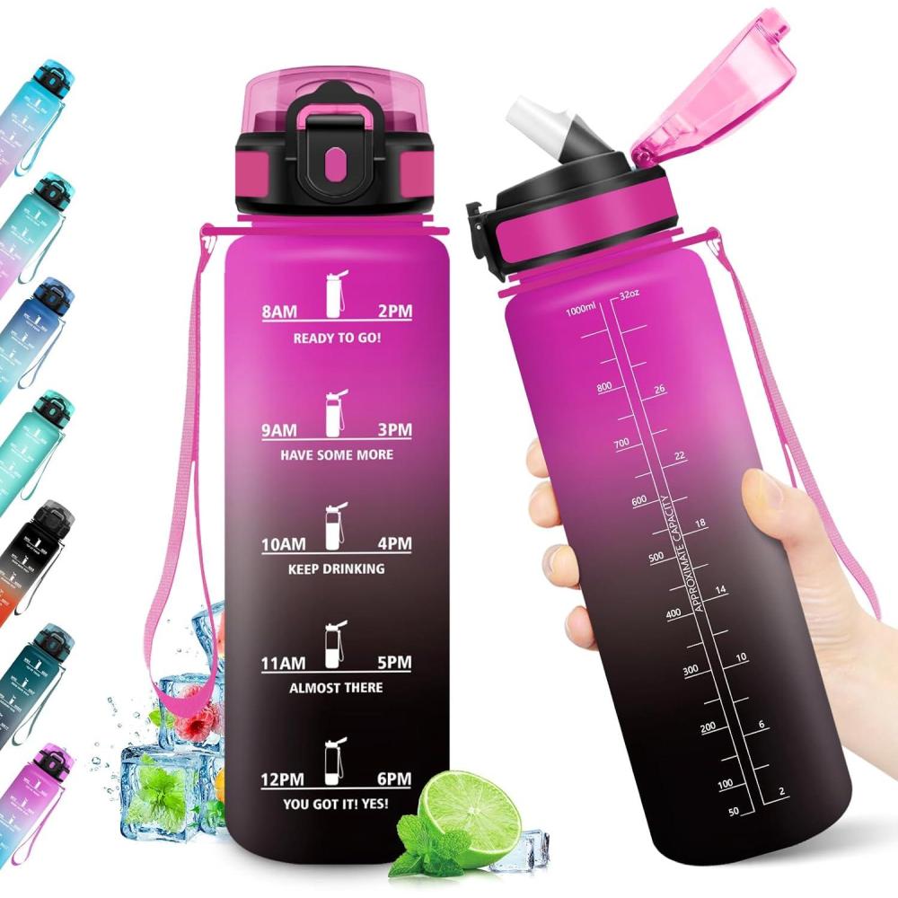 imageGourde Sport 500ml Bouteille Sport tanche Gourde avec Paille et Marqueur de Temps Bouteille Rutilisable Gourde sans BPA Bouteille deau pour Enfant Bureau Fitness Randonne Yoga Camping1000ml Rouge Pourpre Noir
