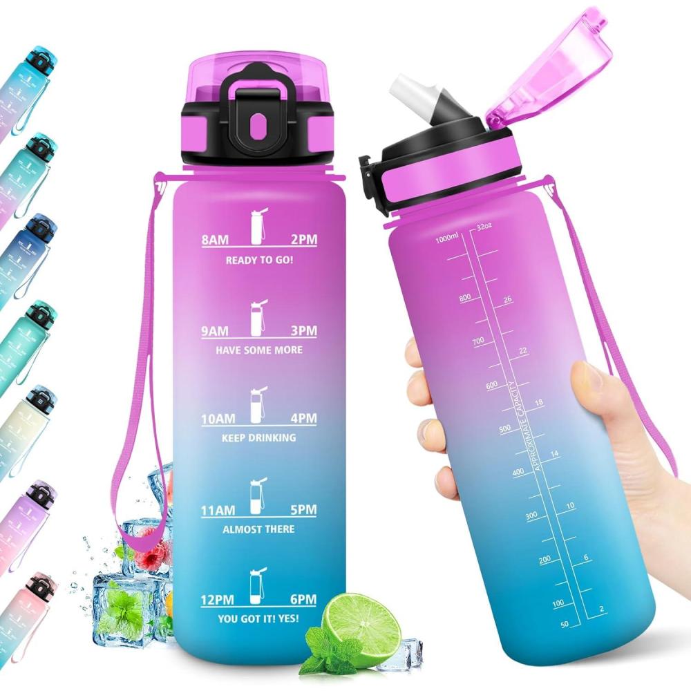 imageGourde Sport 500ml Bouteille Sport tanche Gourde avec Paille et Marqueur de Temps Bouteille Rutilisable Gourde sans BPA Bouteille deau pour Enfant Bureau Fitness Randonne Yoga Camping1000ml Rose Cyan