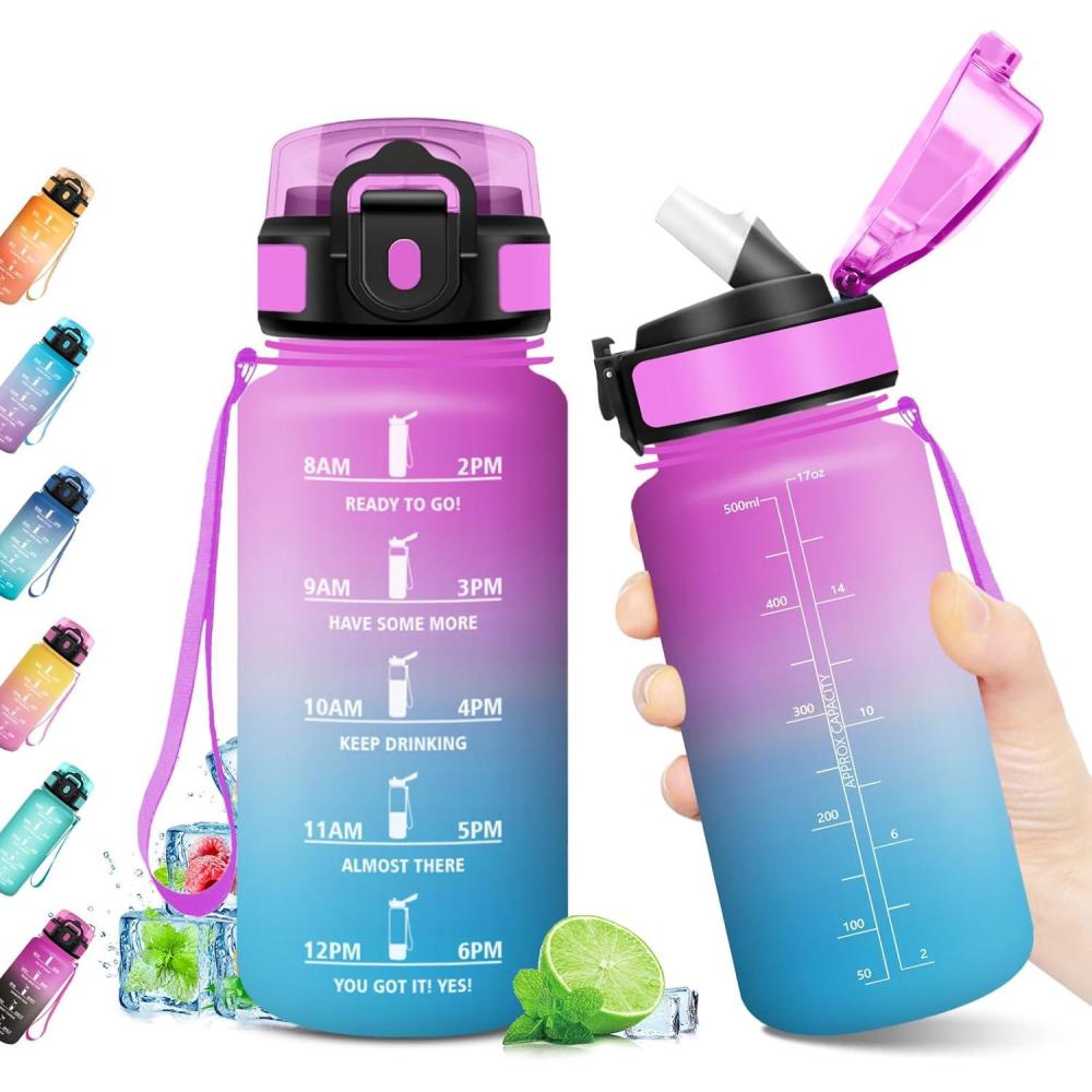 imageGourde Sport 500ml Bouteille Sport tanche Gourde avec Paille et Marqueur de Temps Bouteille Rutilisable Gourde sans BPA Bouteille deau pour Enfant Bureau Fitness Randonne Yoga Camping500ml Rose Cyan