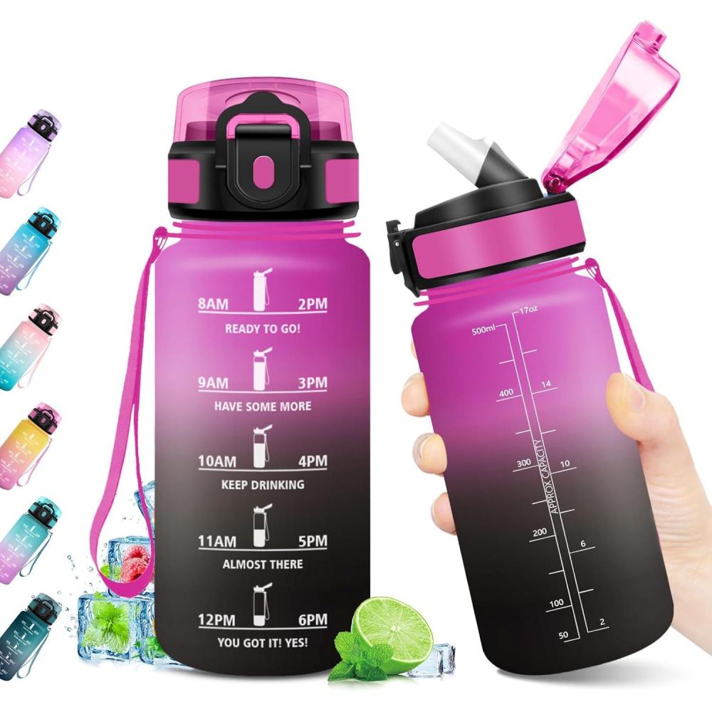 imageGourde Sport 500ml Bouteille Sport tanche Gourde avec Paille et Marqueur de Temps Bouteille Rutilisable Gourde sans BPA Bouteille deau pour Enfant Bureau Fitness Randonne Yoga Camping500ml Rouge Pourpre Noir