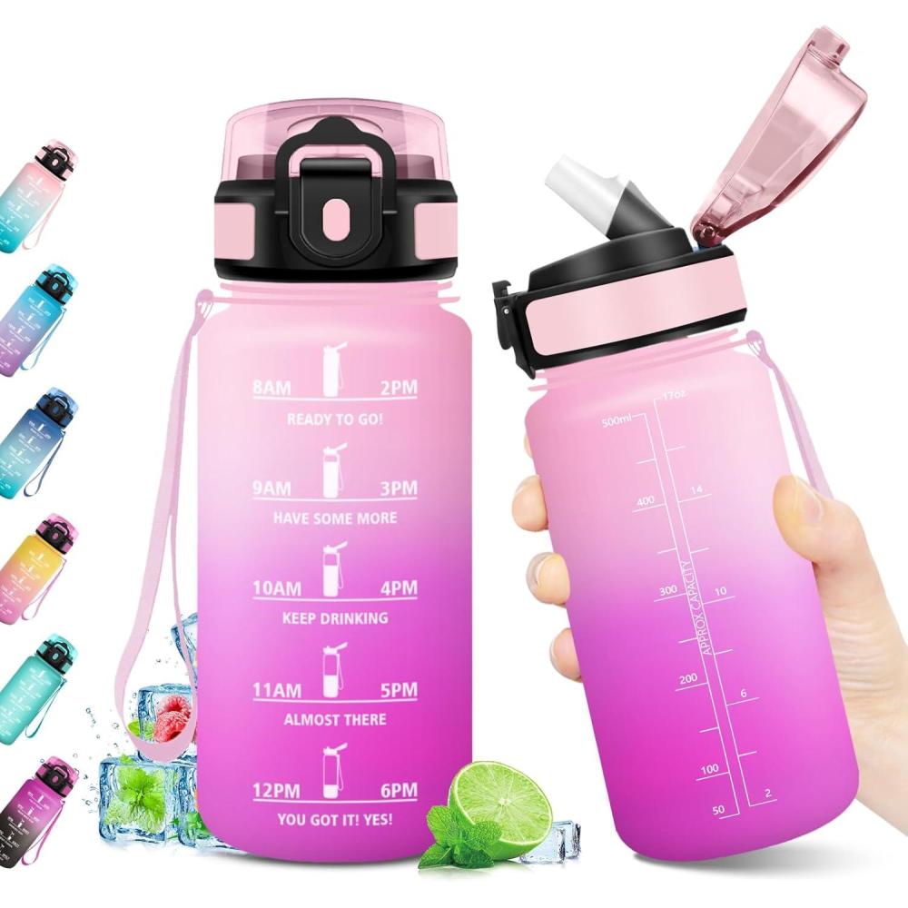 imageGourde Sport 500ml Bouteille Sport tanche Gourde avec Paille et Marqueur de Temps Bouteille Rutilisable Gourde sans BPA Bouteille deau pour Enfant Bureau Fitness Randonne Yoga Camping500ml Rose Clair Rose