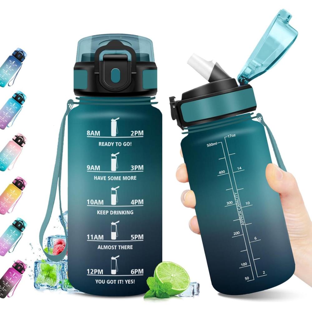 imageGourde Sport 500ml Bouteille Sport tanche Gourde avec Paille et Marqueur de Temps Bouteille Rutilisable Gourde sans BPA Bouteille deau pour Enfant Bureau Fitness Randonne Yoga Camping500ml Vert Fonc Gris