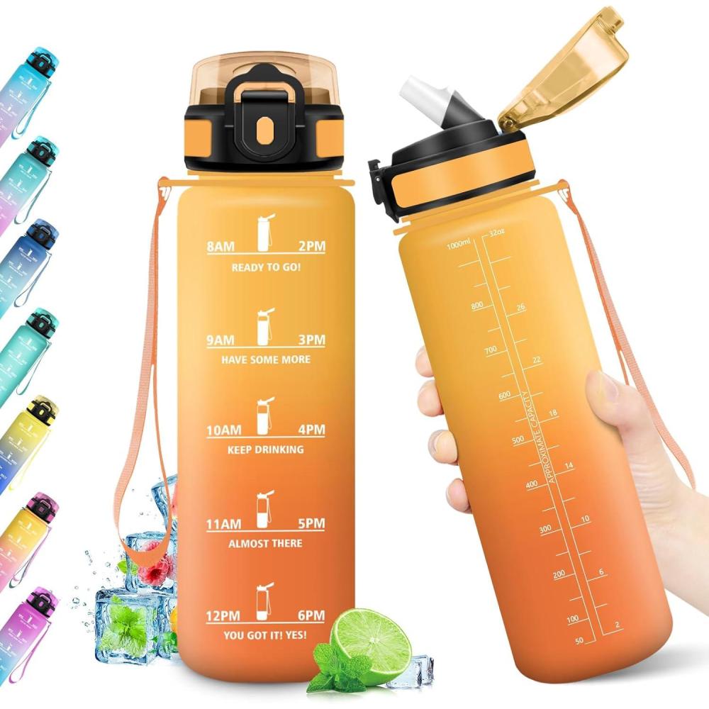 imageGourde Sport 500ml Bouteille Sport tanche Gourde avec Paille et Marqueur de Temps Bouteille Rutilisable Gourde sans BPA Bouteille deau pour Enfant Bureau Fitness Randonne Yoga Camping1000ml Jaune Ambre Orange