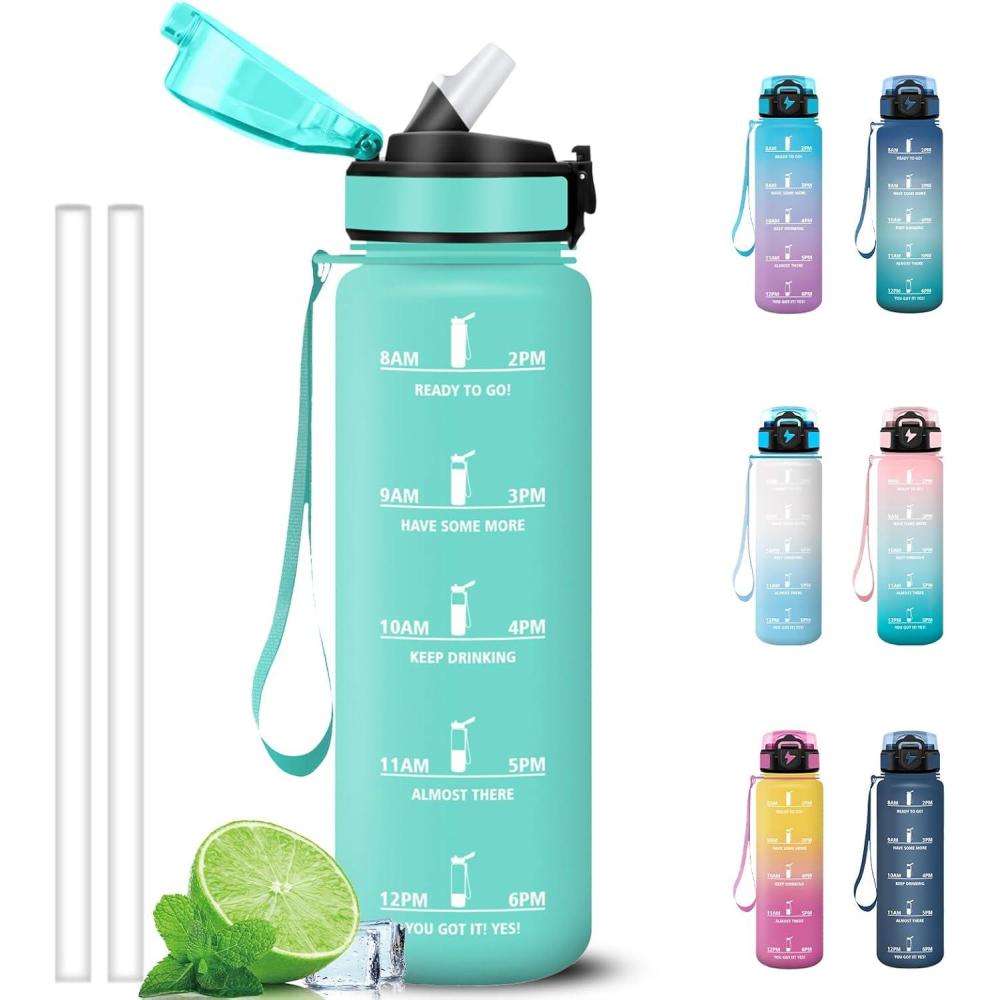imageGrsta Gourde 1l Anti Fuite Gourde Sport avec Paille Verrou de Scurit Gourdes Motivationnelle Facile  Nettoyer Bouteille deau avec Marqueur de Temps pour Cyclisme Gym YogaVert