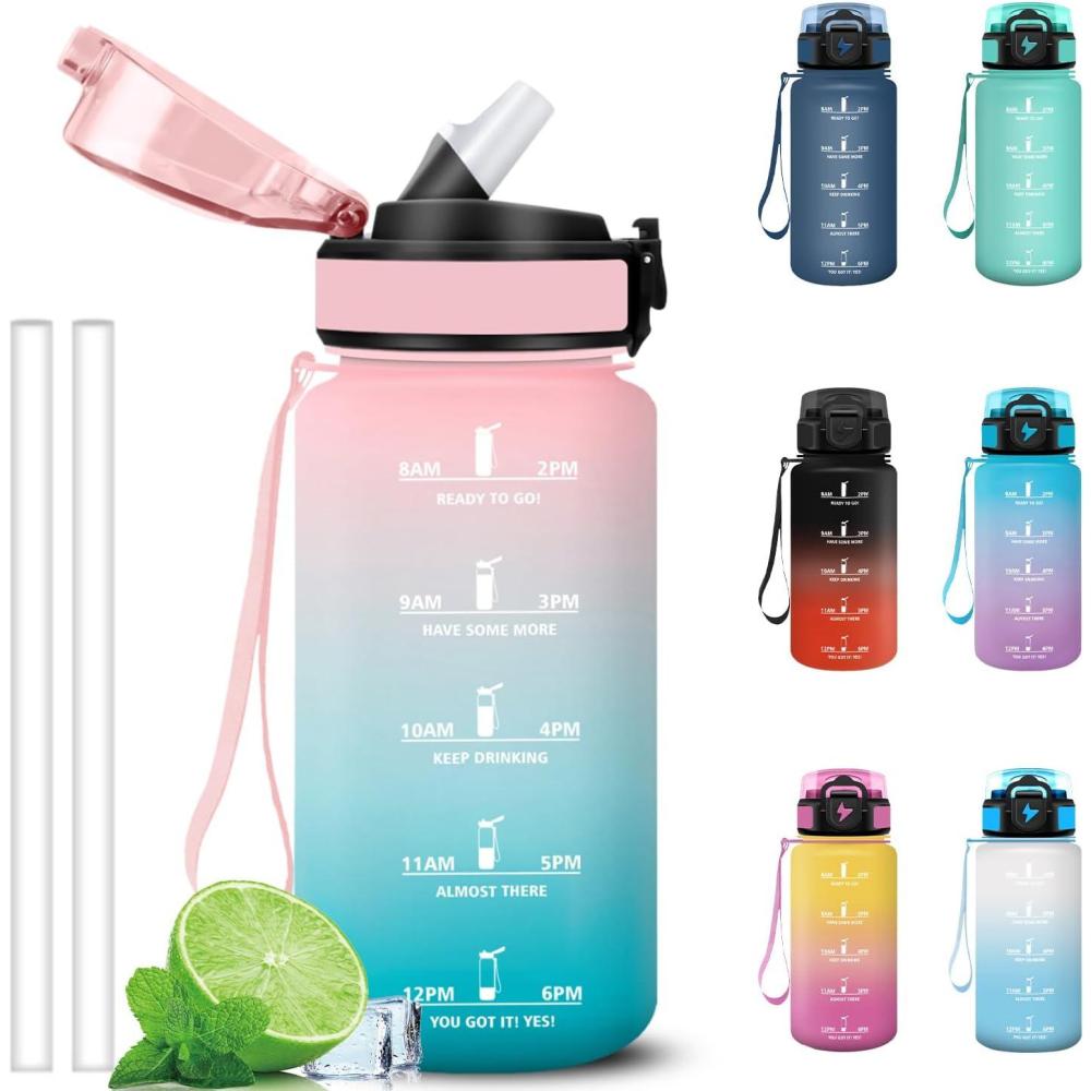 imageGrsta Gourde 1l Anti Fuite Gourde Sport avec Paille Verrou de Scurit Gourdes Motivationnelle Facile Nettoyer Bouteille deau avec Marqueur de Temps pour Cyclisme Gym YogaRosevert