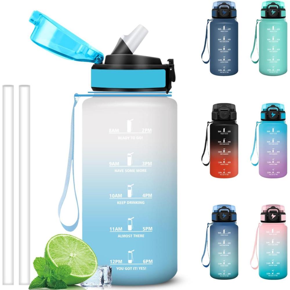imageGrsta Gourde 1l Anti Fuite Gourde Sport avec Paille Verrou de Scurit Gourdes Motivationnelle Facile Nettoyer Bouteille deau avec Marqueur de Temps pour Cyclisme Gym YogaBlancbleu