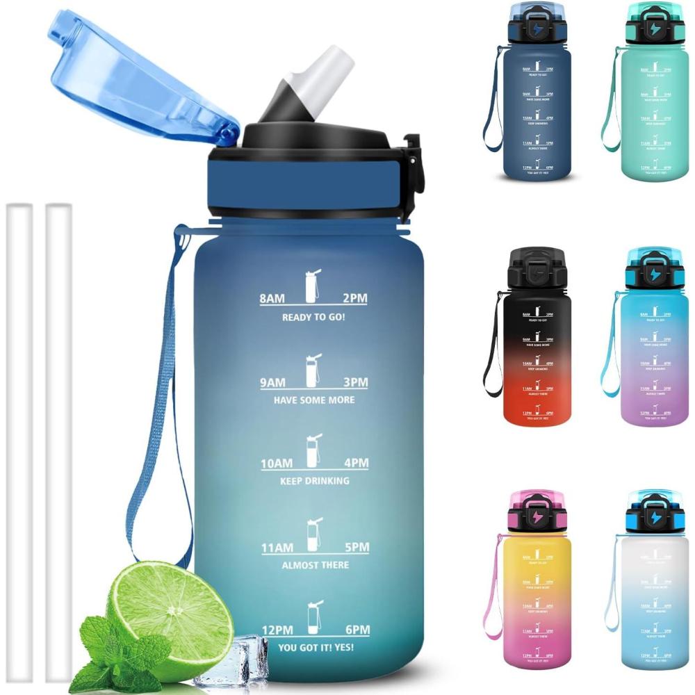 imageGrsta Gourde 1l Anti Fuite Gourde Sport avec Paille Verrou de Scurit Gourdes Motivationnelle Facile Nettoyer Bouteille deau avec Marqueur de Temps pour Cyclisme Gym YogaBleuvert