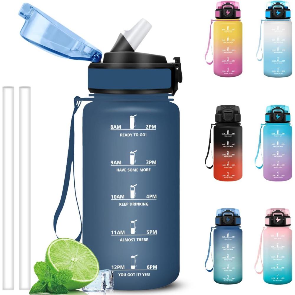 imageGrsta Gourde 1l Anti Fuite Gourde Sport avec Paille Verrou de Scurit Gourdes Motivationnelle Facile Nettoyer Bouteille deau avec Marqueur de Temps pour Cyclisme Gym YogaBleu Fonc