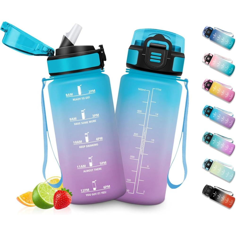imageHoneyHolly Gourde Enfant 500 Ml sans BPA Water Bottle avec Paille Antifuite Bouteille deau Motivante avec Marqueur de Temps Gourde Gradue Bouteille pour Gymnase cole CyclismeBleu Violet 500ml