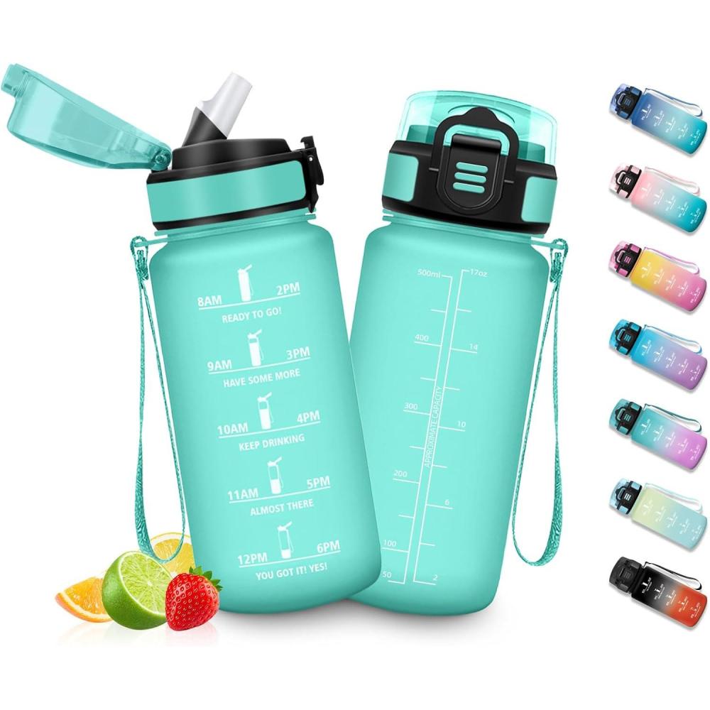 imageHoneyHolly Gourde Enfant 500 Ml sans BPA Water Bottle avec Paille Antifuite Bouteille deau Motivante avec Marqueur de Temps Gourde Gradue Bouteille pour Gymnase cole CyclismeBleu Vert 500ml