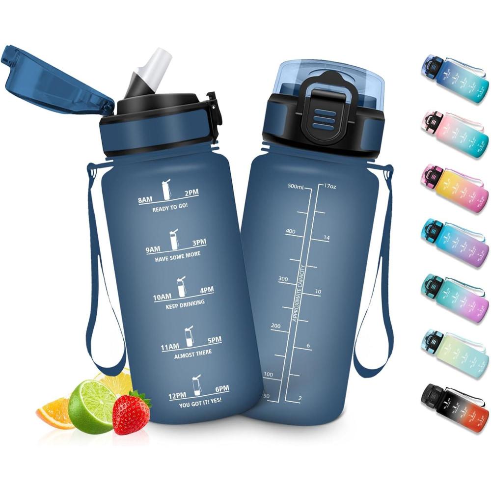 imageHoneyHolly Gourde Enfant 500 Ml sans BPA Water Bottle avec Paille Antifuite Bouteille deau Motivante avec Marqueur de Temps Gourde Gradue Bouteille pour Gymnase cole CyclismeBleu Marine 500ml