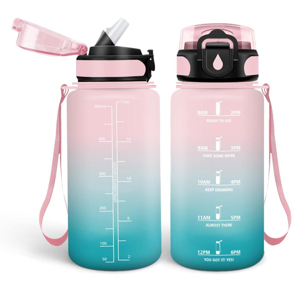 imageHoneyHolly Gourde Enfant 500 Ml sans BPA Water Bottle avec Paille Antifuite Bouteille deau Motivante avec Marqueur de Temps Gourde Gradue Bouteille pour Gymnase cole CyclismeRaindropspinkcyan